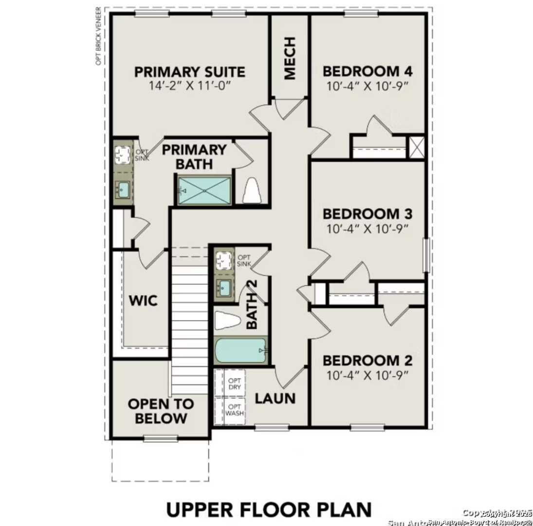 Upper floor plan of The Trinity B: primary suite with bath, bedrooms 2-4, laundry, stairs in 4-bedroom Davidson Homes, San Antonio