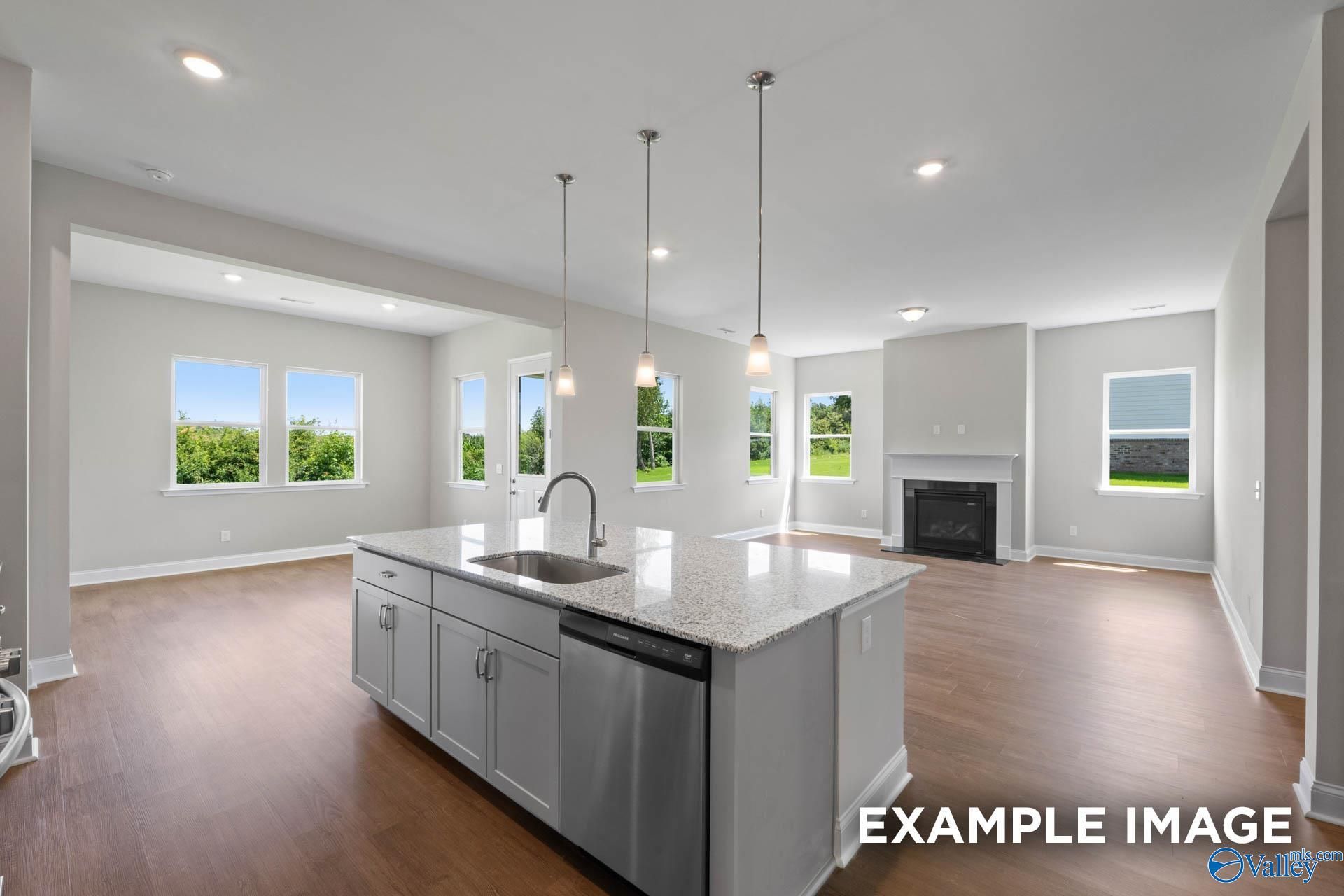 Modern open kitchen with granite island, stainless dishwasher, pendant lights, and adjacent fireplace in The Arcadia home, Owens Cross Roads