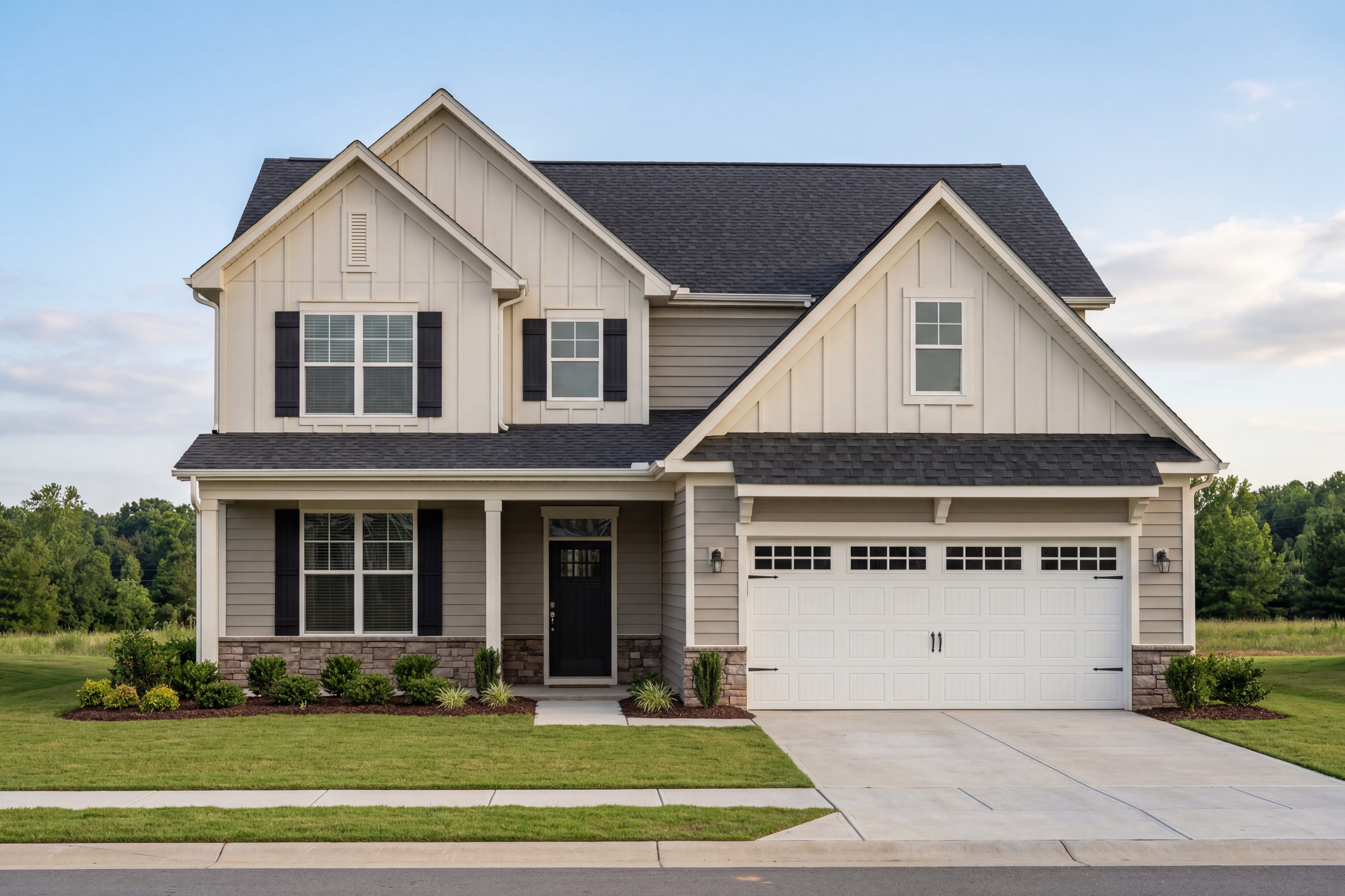 Craftsman-style exterior of The Ash two-story home with white siding, black shutters, covered porch, two-car garage, and landscaped yard