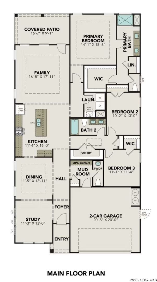Main floor plan of The Glenwood D: 3-bed, 2.5-bath, 2,199 sq ft home with open kitchen, primary suite, 2-car garage in Elmendorf, TX