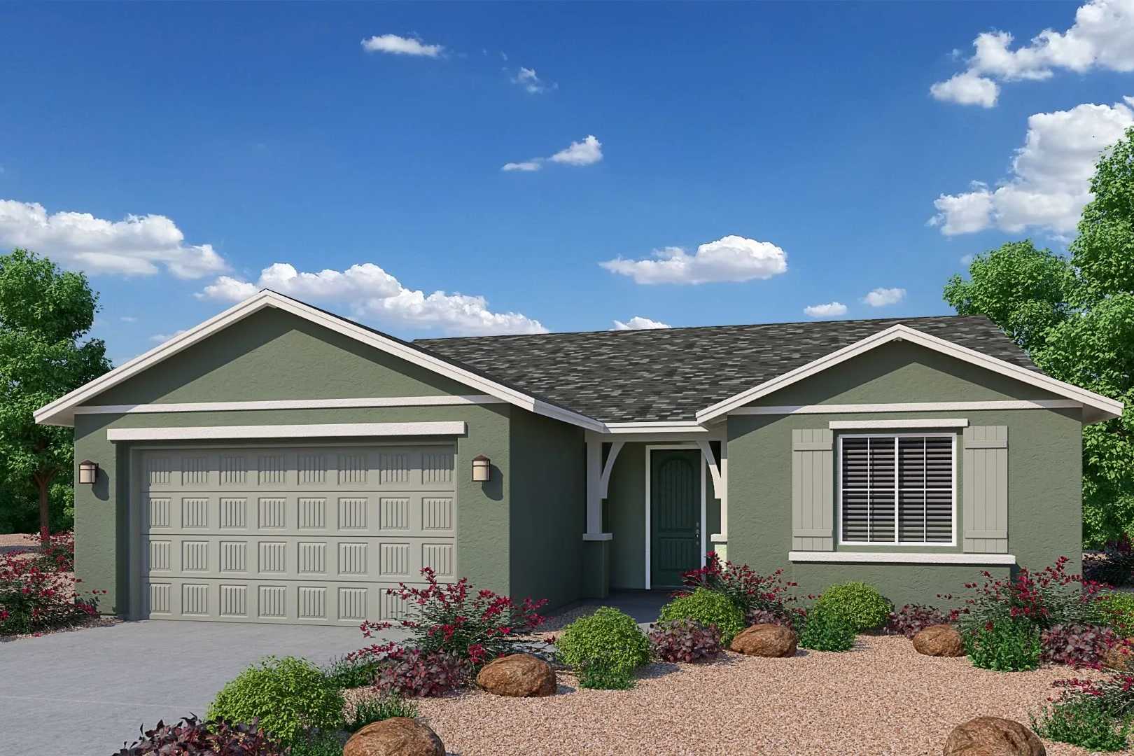 Sage green single-story exterior of The Durango II home featuring 3-car garage, desert landscaping, and blue skies in Prescott, Arizona