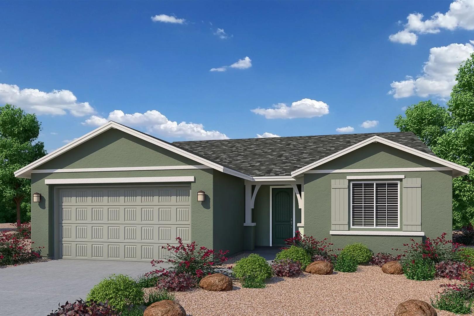Sage green single-story exterior of The Durango II home featuring 3-car garage, desert landscaping, and blue skies in Prescott, Arizona