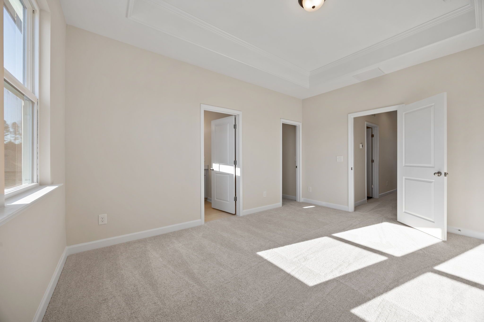 Spacious bedroom with tray ceiling and carpeted flooring at Forestville Yard in Knightdale by Davidson Homes