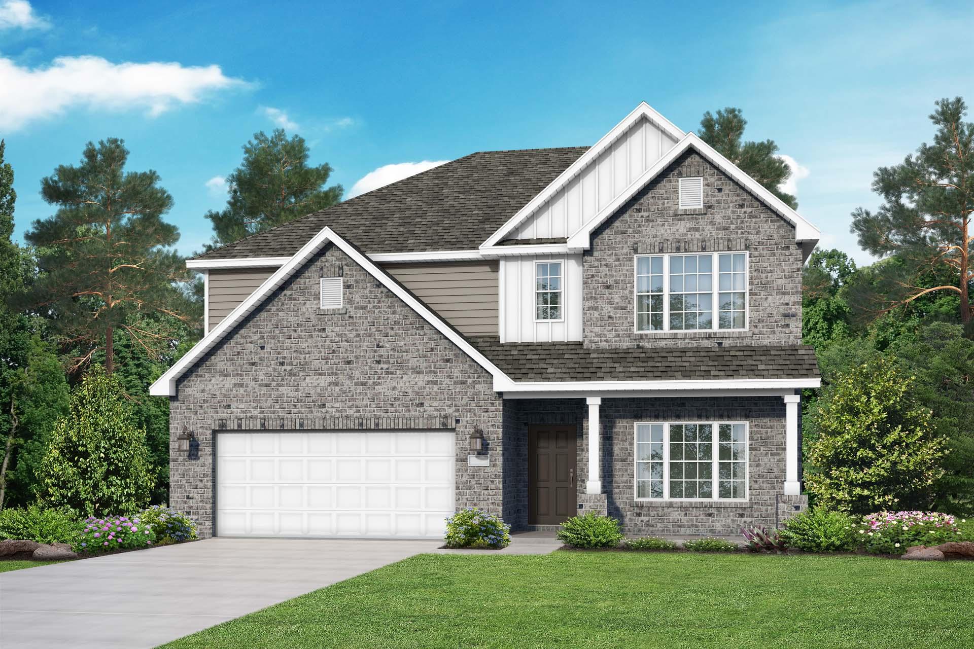 Two-story The Chelsea B home elevation with brick siding, gabled roof, two-car garage, front porch in Meridianville, AL