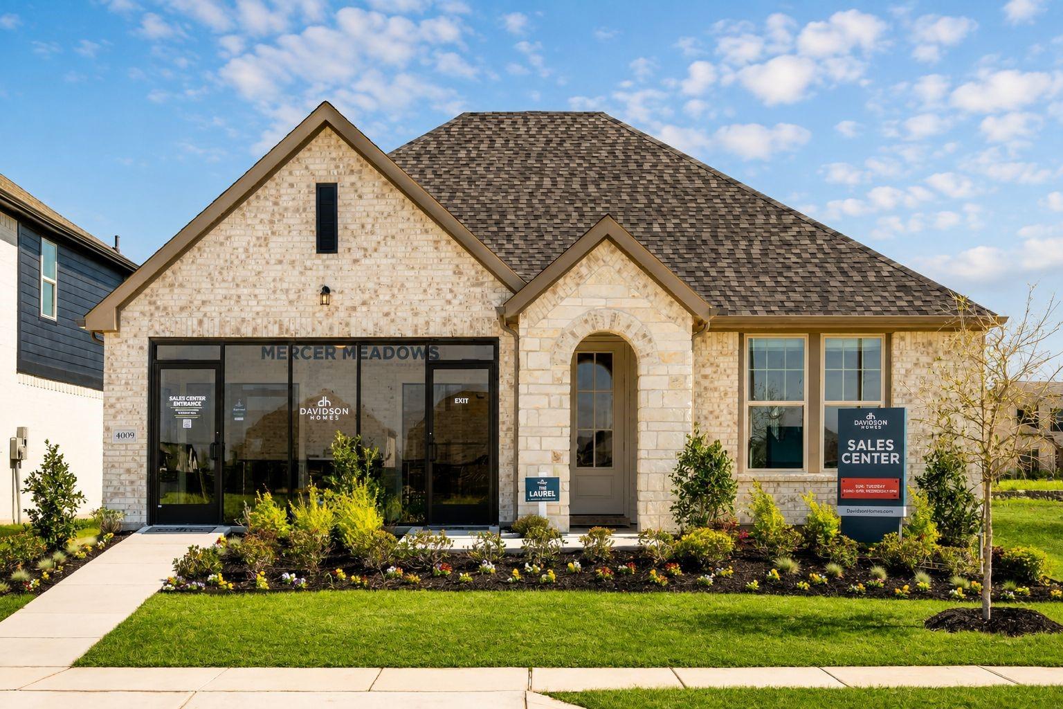Single-story brick home exterior featuring The Laurel N floor plan at Mercer Meadows in Royse City, Texas.