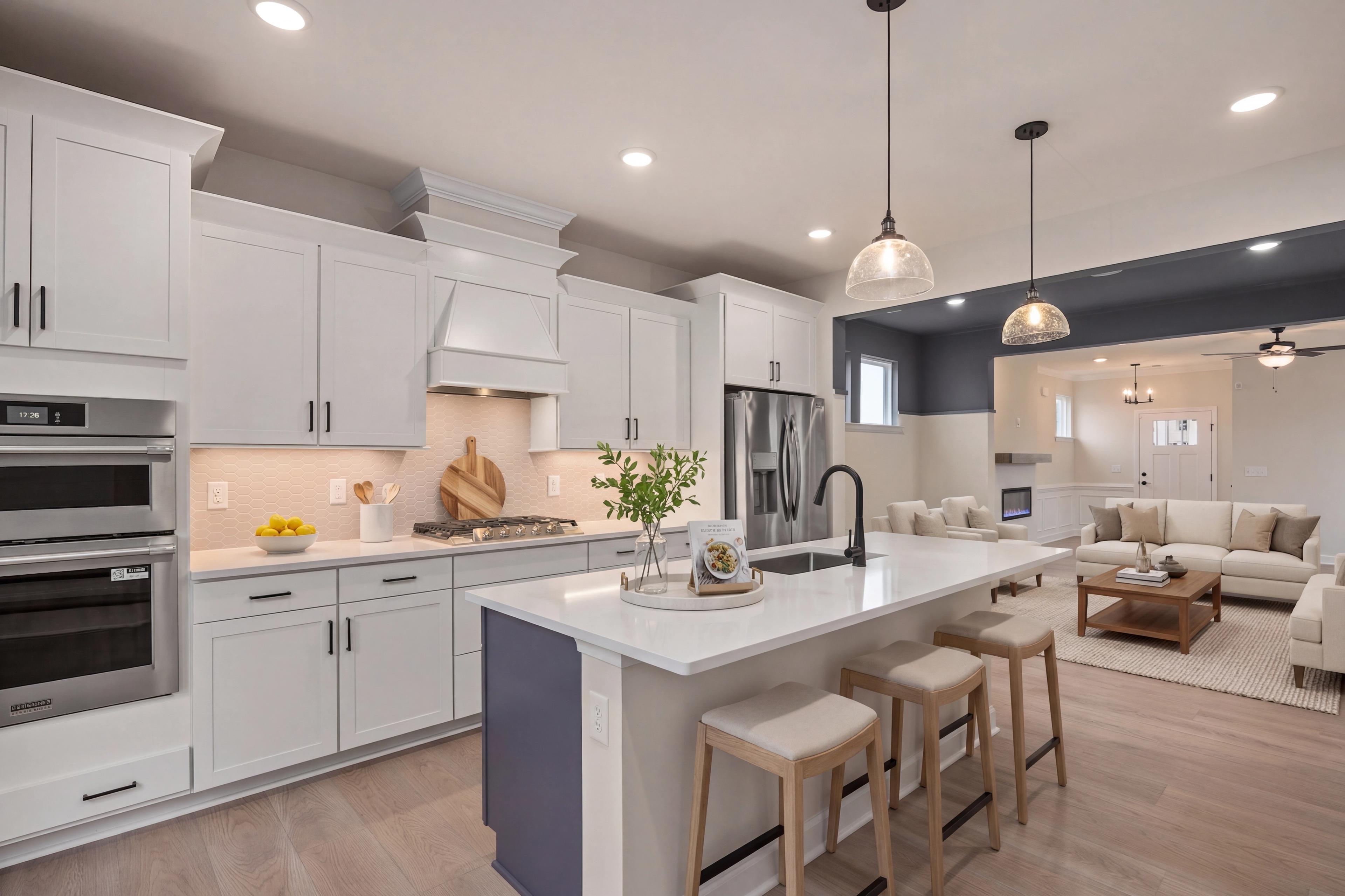 Spacious open-concept kitchen at Forestville Yard in Knightdale NC with white cabinets, quartz island, stainless appliances, and adjacent living area