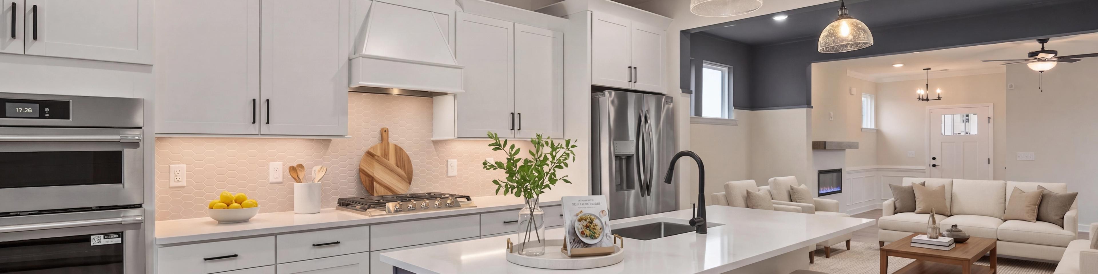 Spacious white kitchen with quartz island, stainless appliances, and French doors at Forestville Yard in Knightdale NC