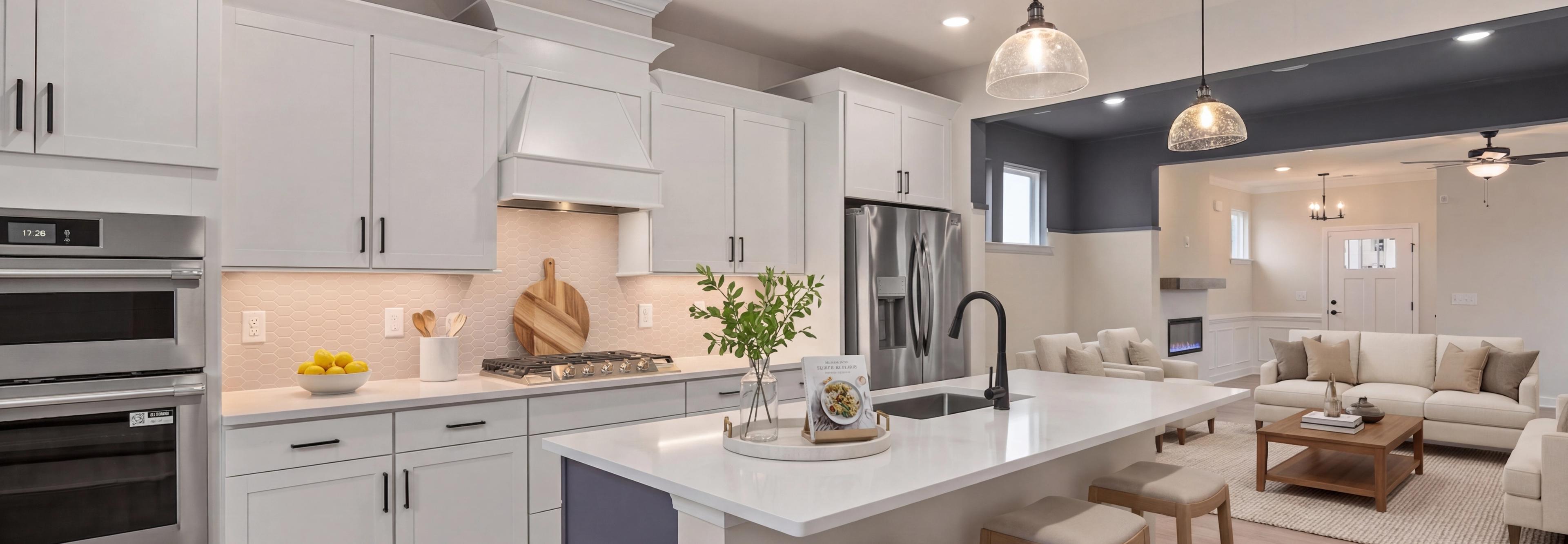 Spacious white kitchen with quartz island, stainless appliances, and French doors at Forestville Yard in Knightdale NC