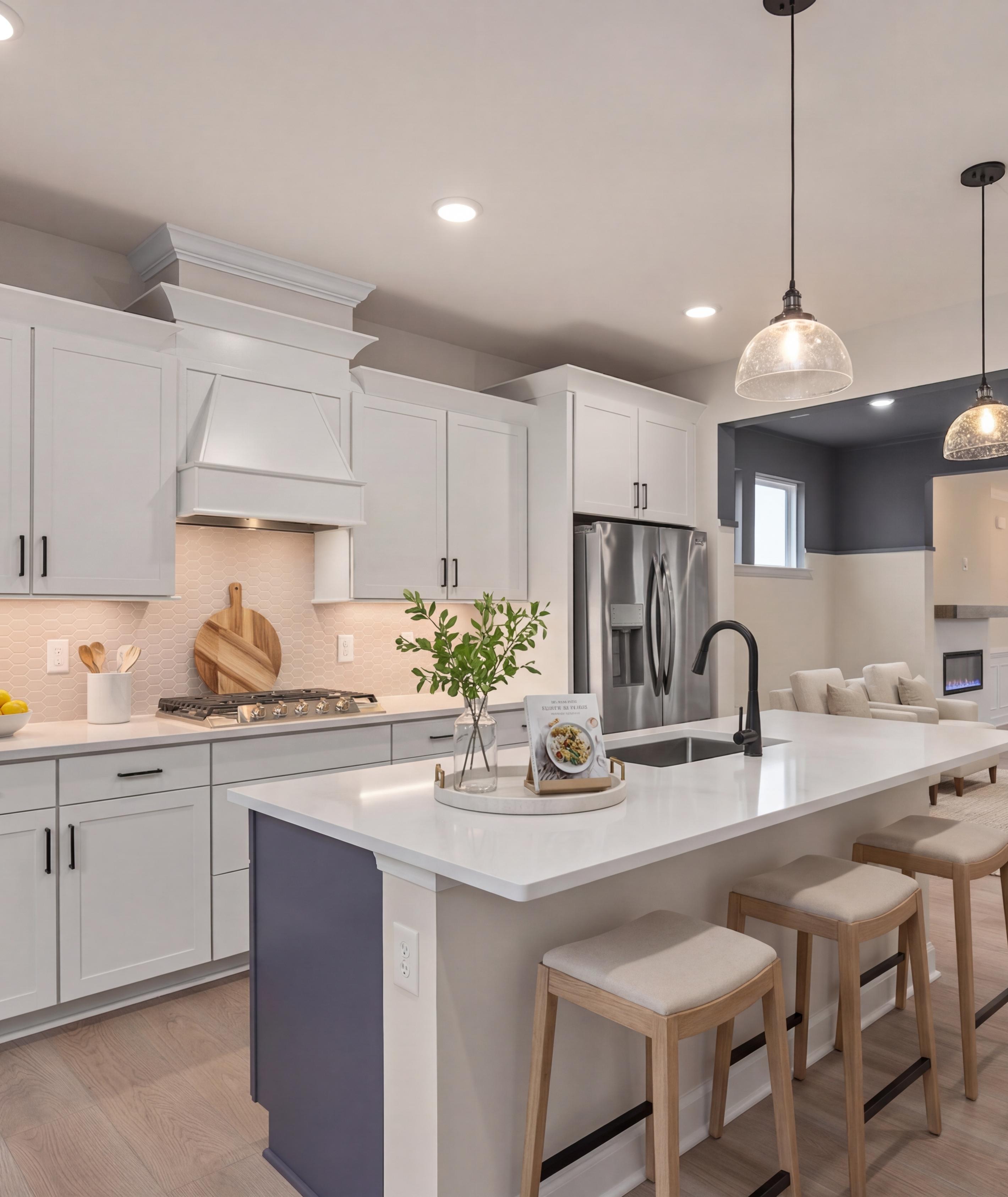 Spacious white kitchen with quartz island, stainless appliances, and French doors at Forestville Yard in Knightdale NC
