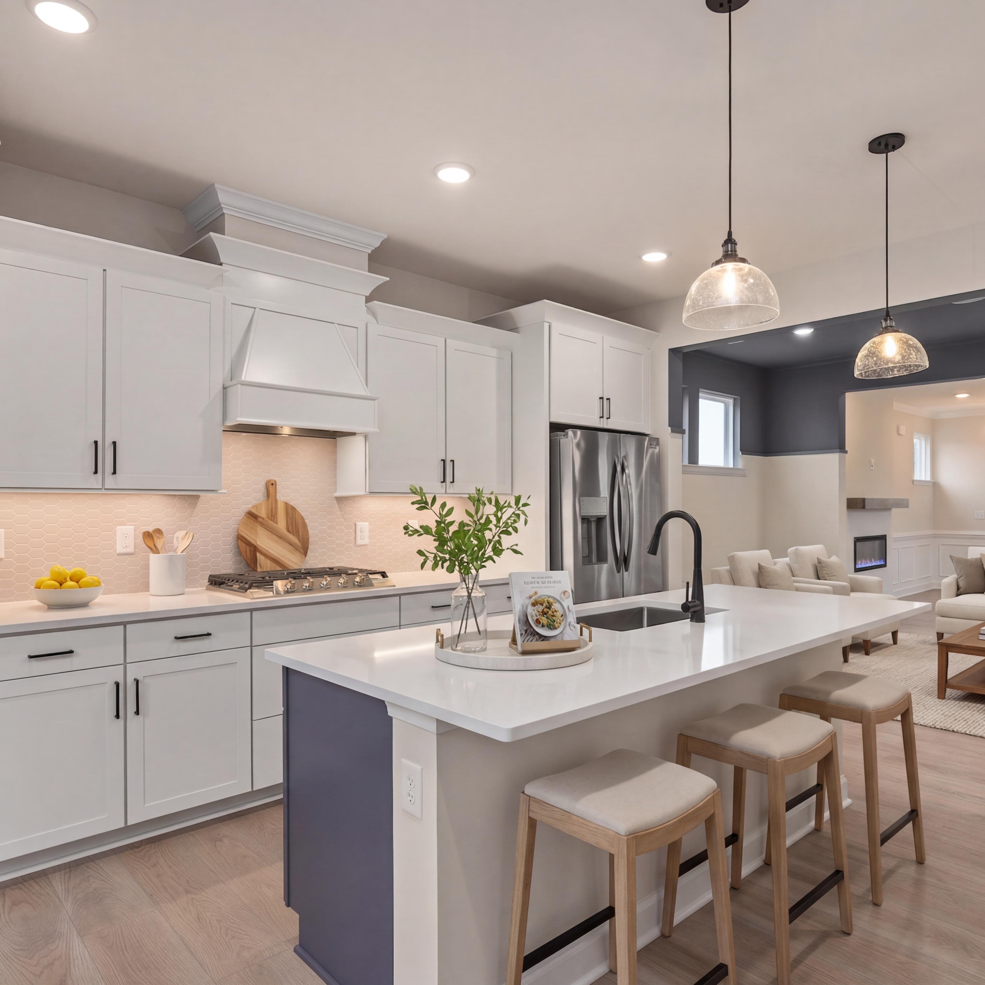 Spacious white kitchen with quartz island, stainless appliances, and French doors at Forestville Yard in Knightdale NC