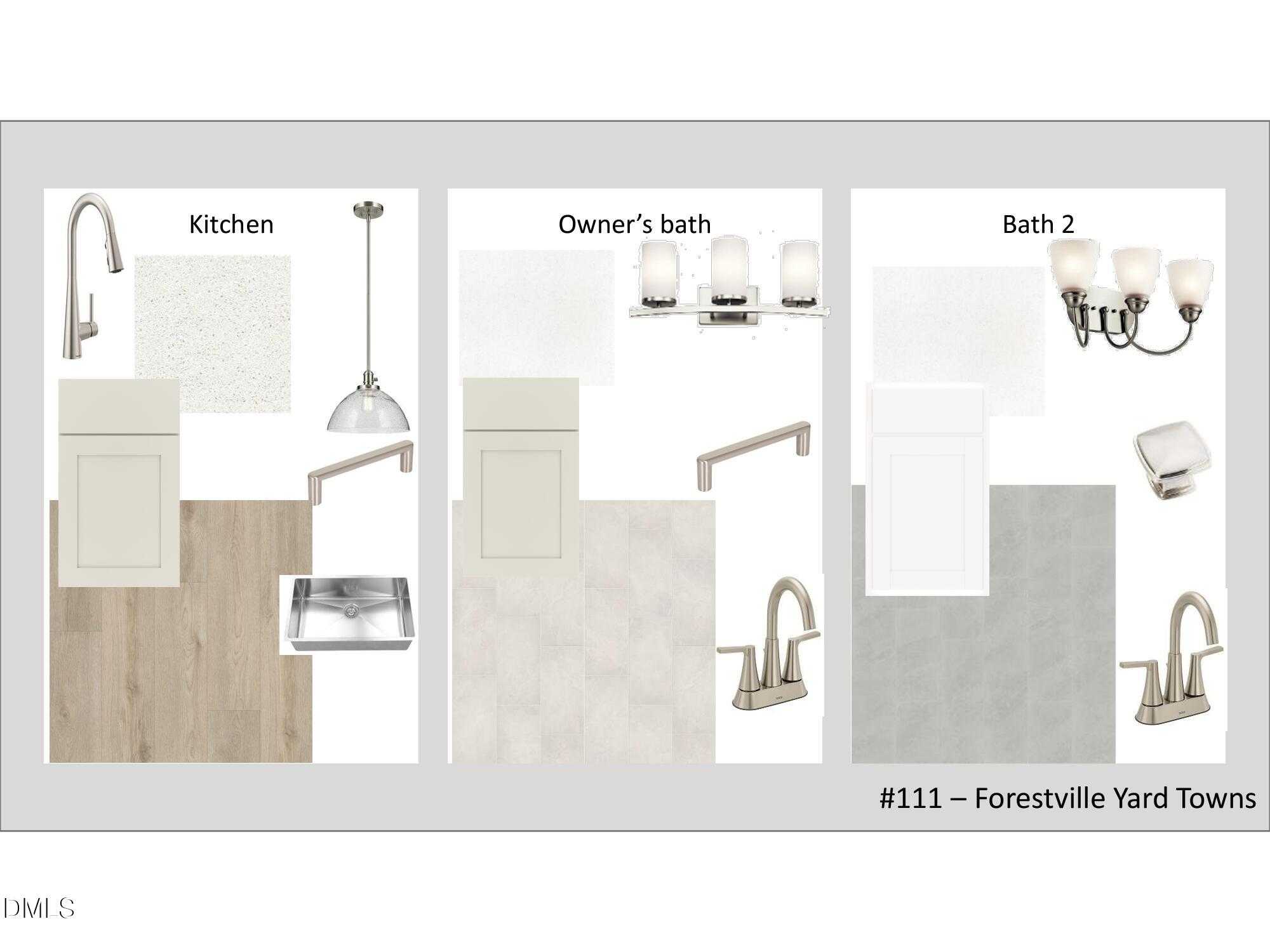 Kitchen, owner's bath, and bath 2 fixtures mood board for Davidson Homes The Avery Exterior in Forestville Yard Townhomes, Knightdale, NC