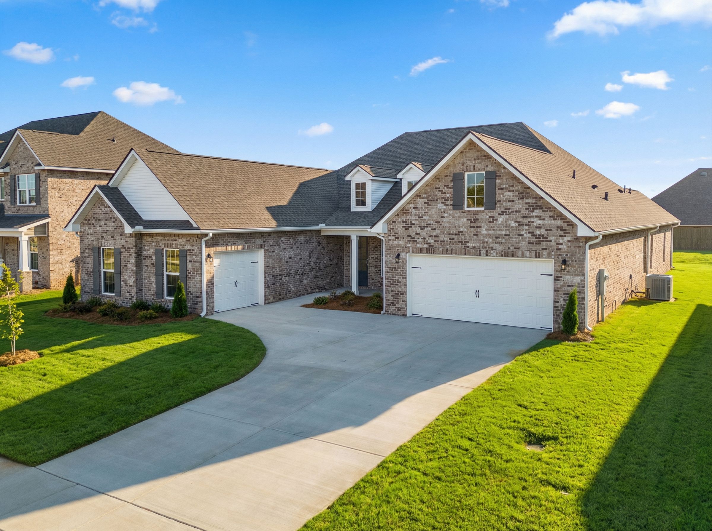 Valencia 1-story home exterior by Davidson Homes: brick facade, white shutters, 3-car garage, curved driveway, lush landscaping in Meridianville AL