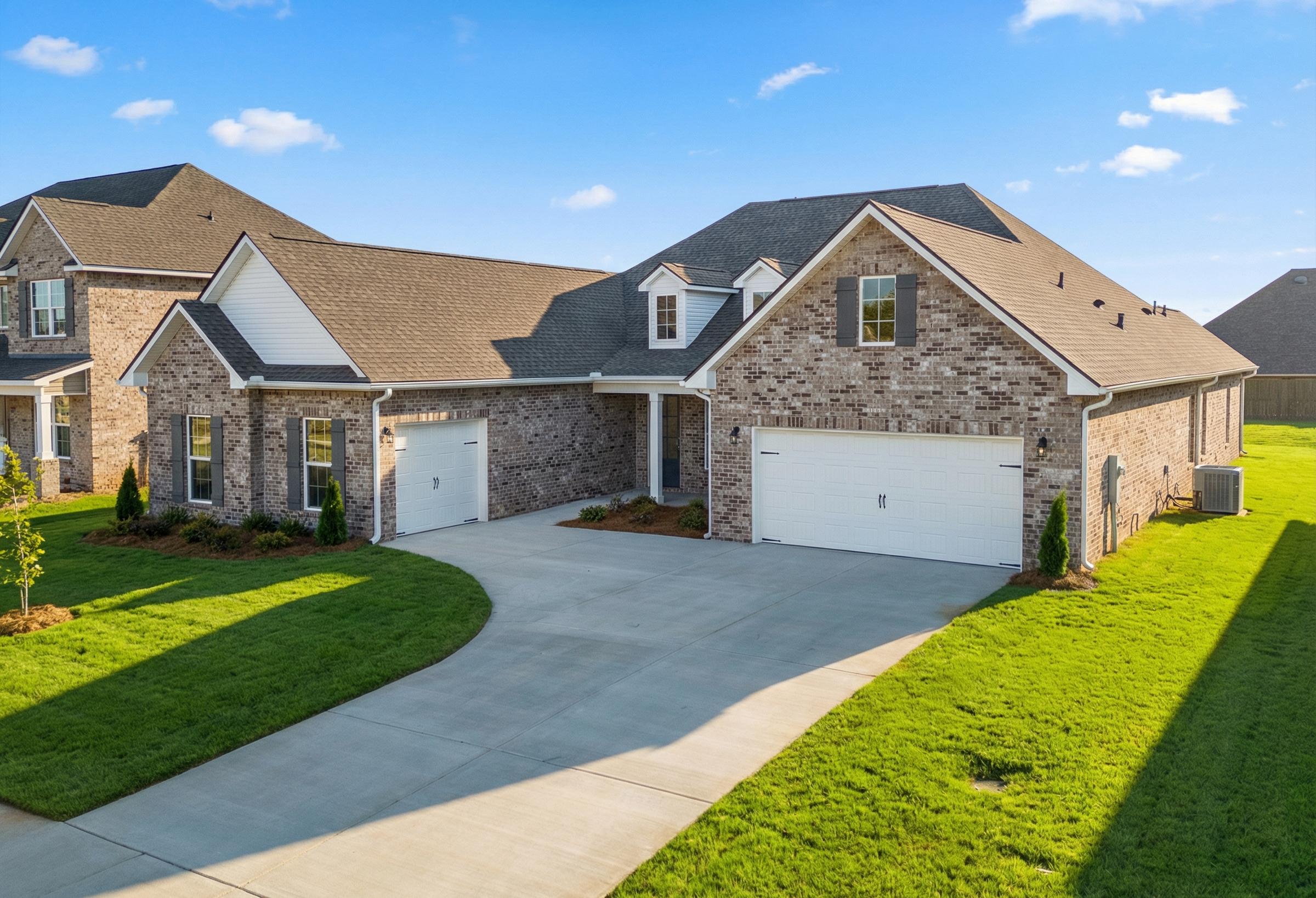 Valencia 1-story home exterior by Davidson Homes: brick facade, white shutters, 3-car garage, curved driveway, lush landscaping in Meridianville AL