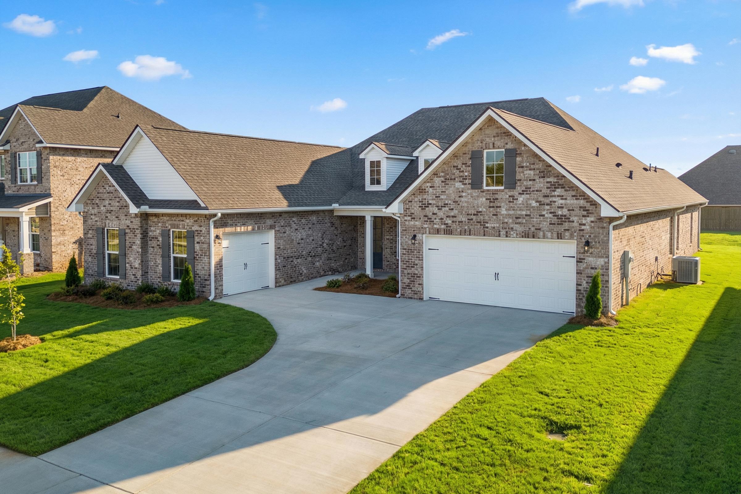 Valencia 1-story home exterior by Davidson Homes: brick facade, white shutters, 3-car garage, curved driveway, lush landscaping in Meridianville AL