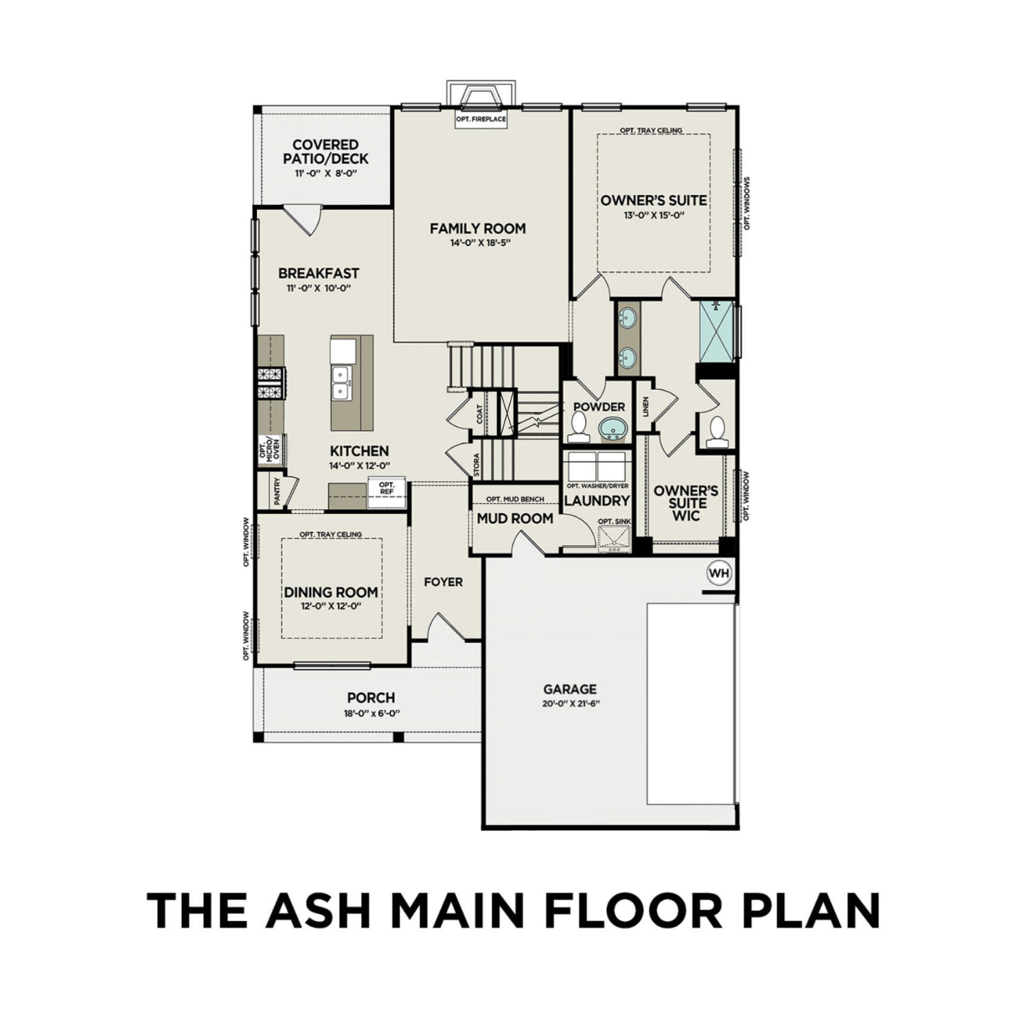 First floor plan of The Ash featuring an open-concept layout, side-entry garage, and main-level owner's suite.