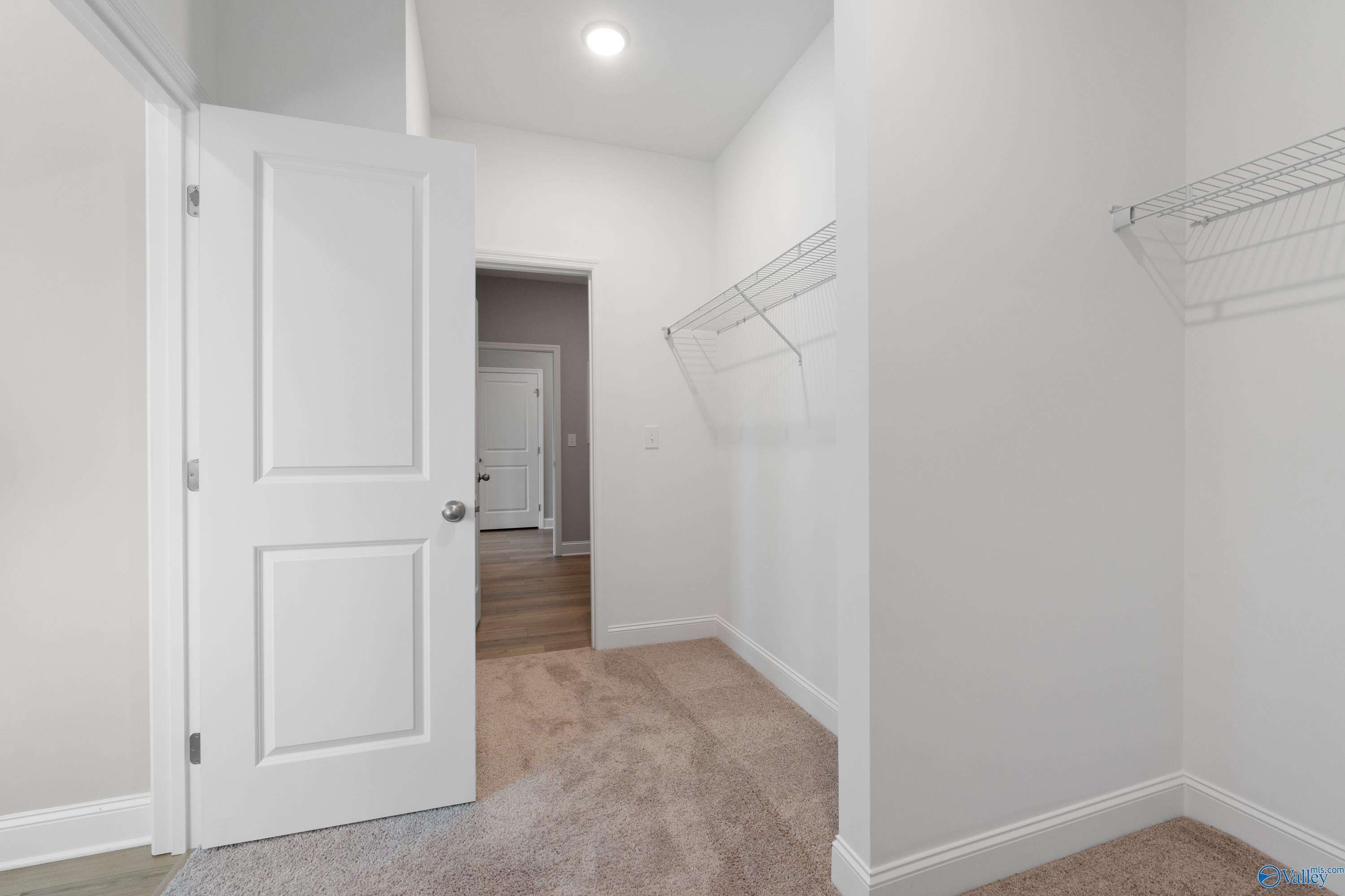 Spacious master walk-in closet with wire shelving and open door in Davidson Homes The Everett B, Toney, AL