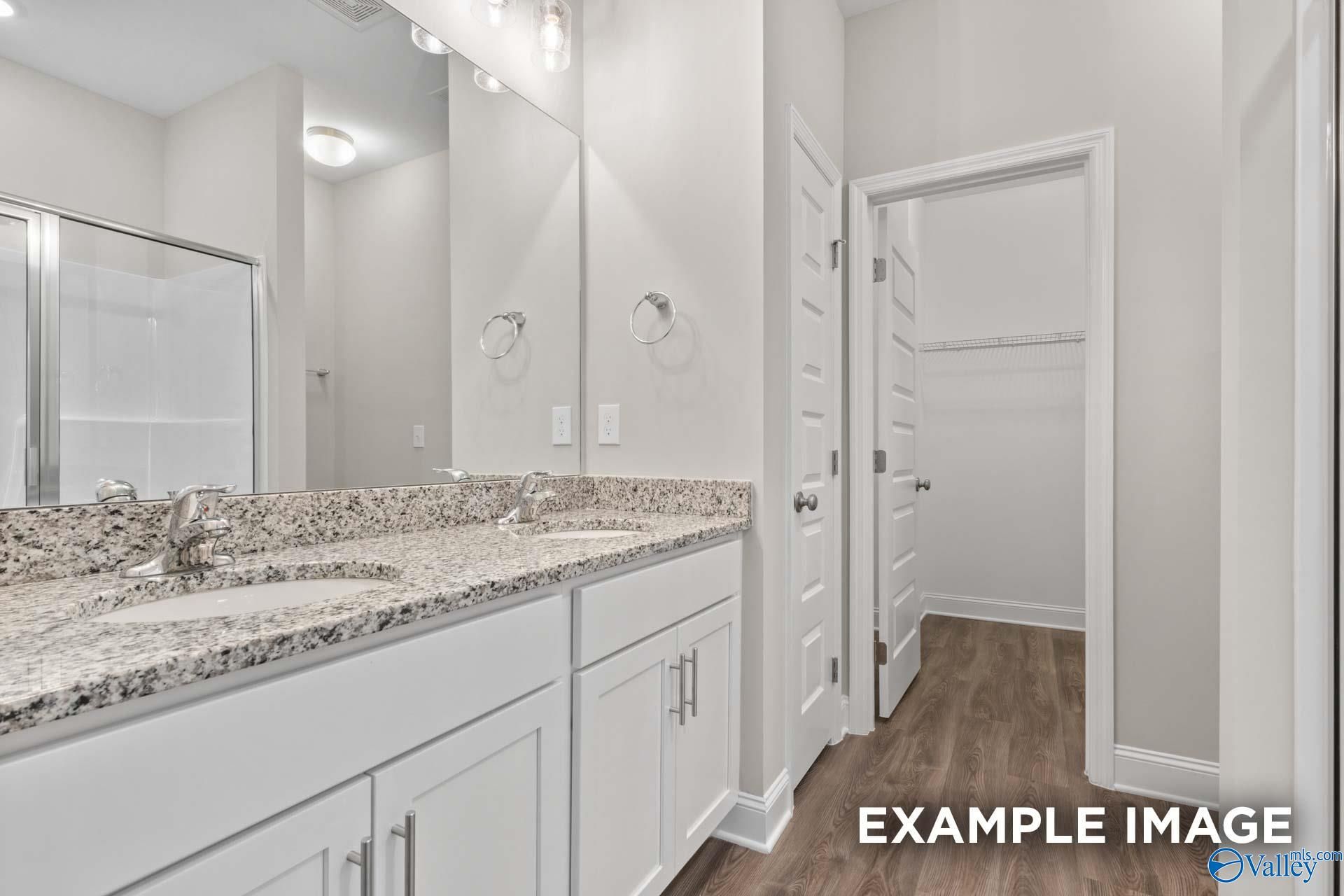 Modern master bathroom featuring double granite vanity, frameless glass shower, and adjacent closet in Davidson Homes The Camilla C, Hartselle