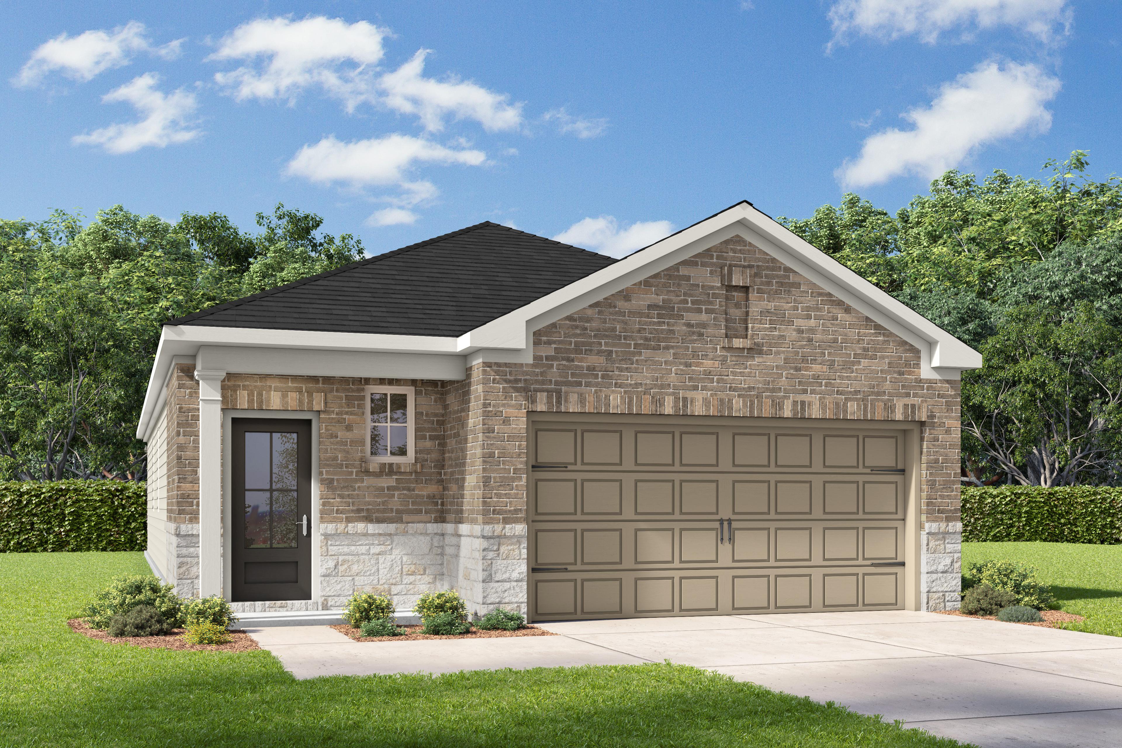 Front elevation of The Frio G single-story home with brick exterior, 2-car garage, and lush green landscaping