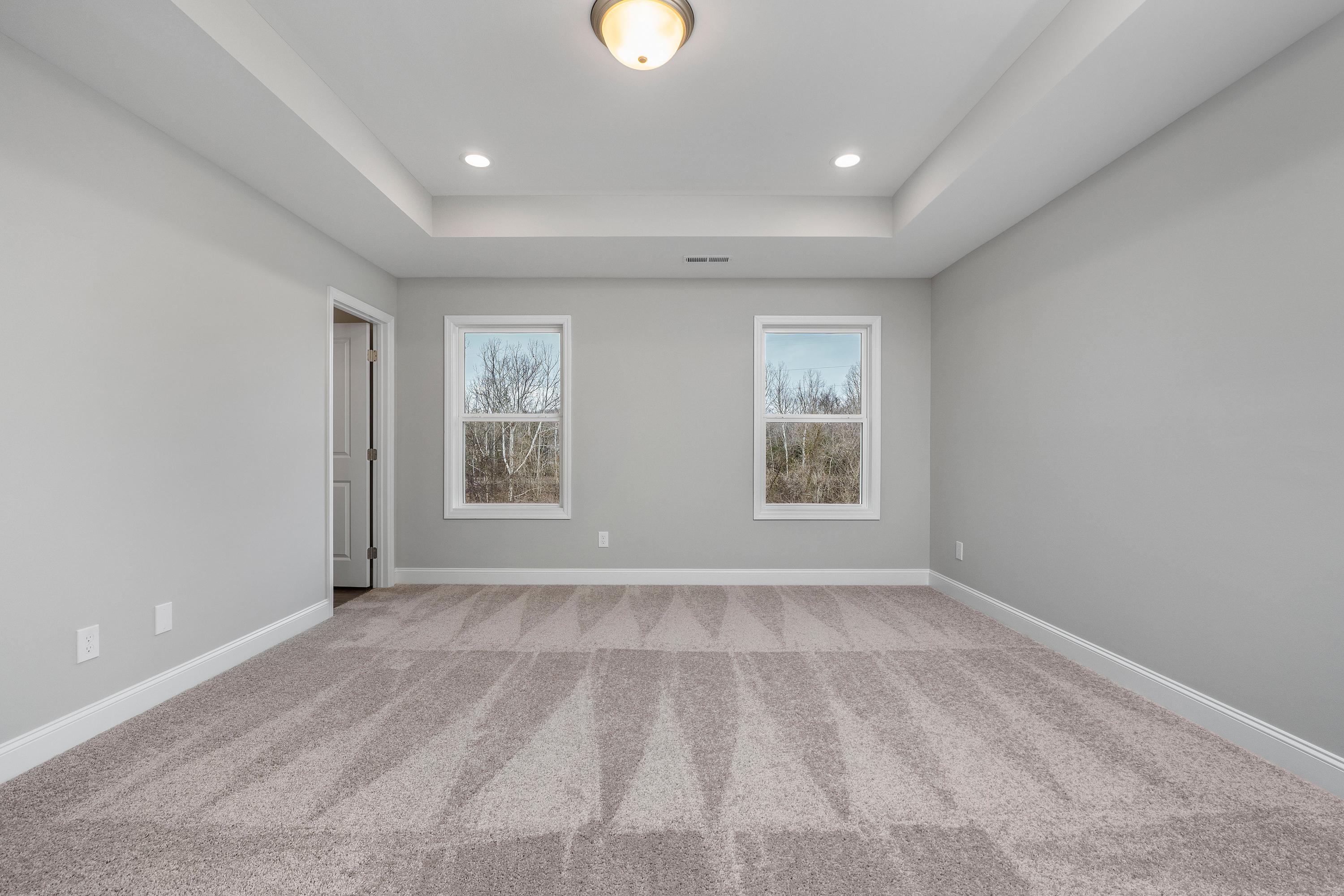 Spacious master bedroom in The Aiken by Davidson Homes featuring gray walls, carpeted floors, and large windows