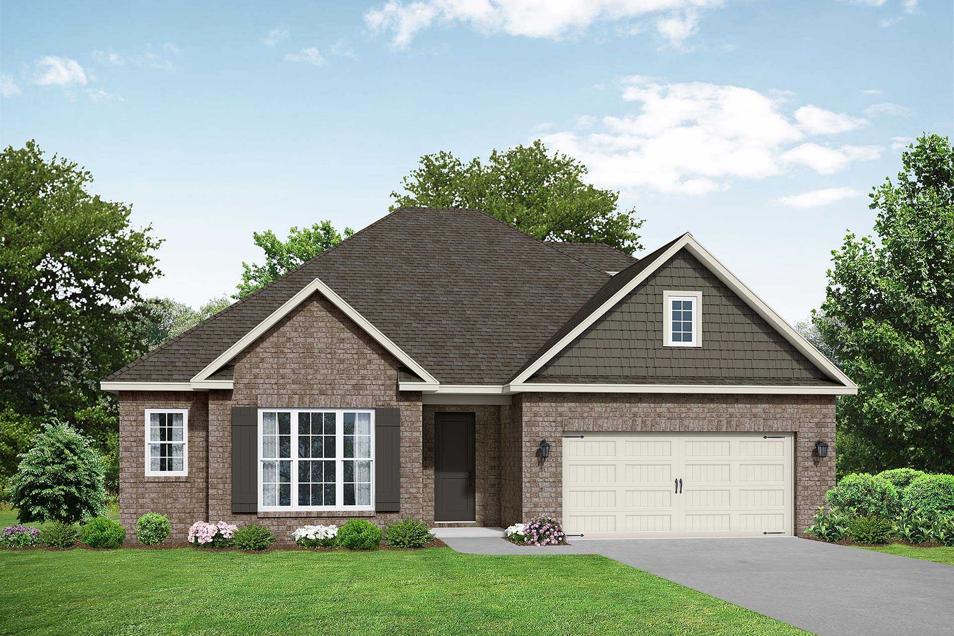 Two-story Montgomery B home by Davidson Homes in Meridianville AL, brick siding exterior, 2-car garage, landscaped yard