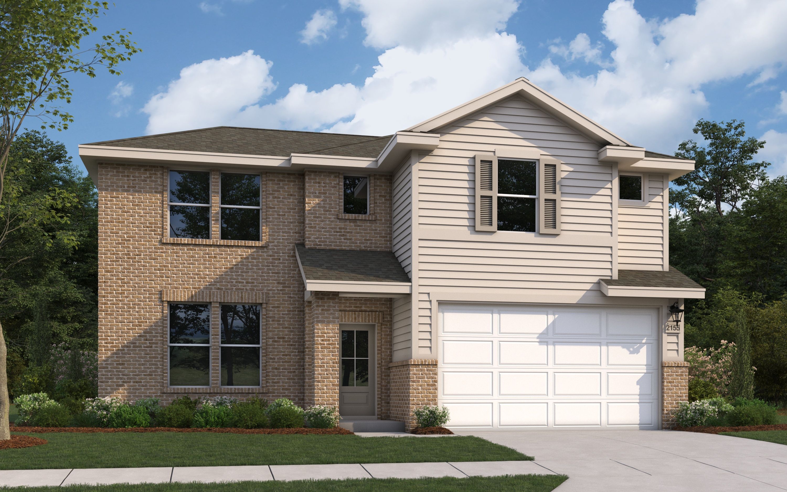 Two-story Stella A home elevation with brick and tan siding, red shutters, front door, and two-car garage in Opelika landscaping