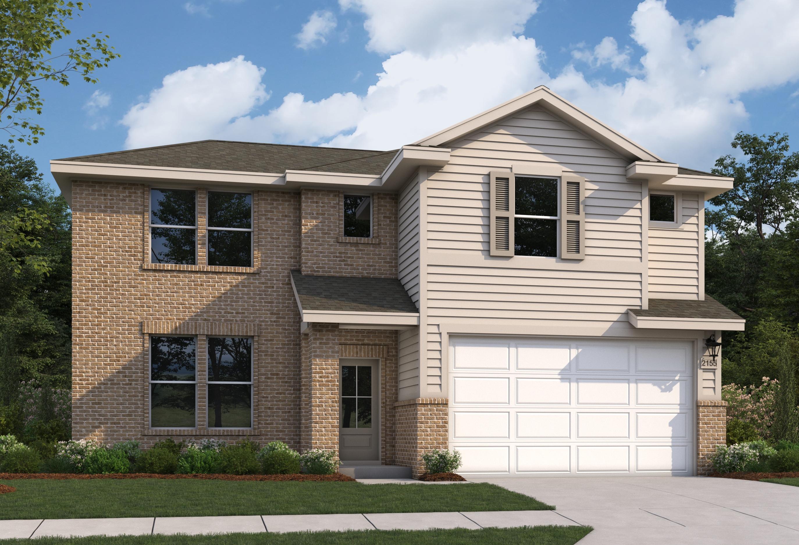 Two-story Stella A home elevation with brick and tan siding, red shutters, front door, and two-car garage in Opelika landscaping
