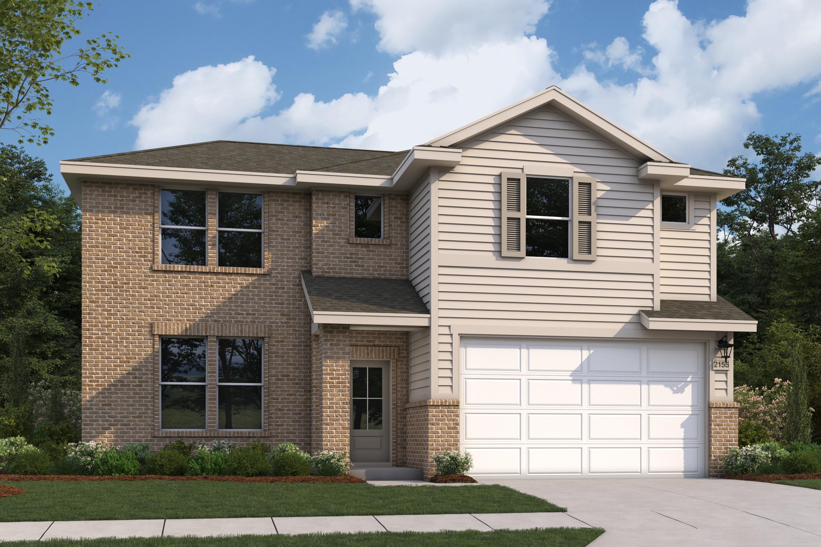 Two-story Stella A home elevation with brick and tan siding, red shutters, front door, and two-car garage in Opelika landscaping