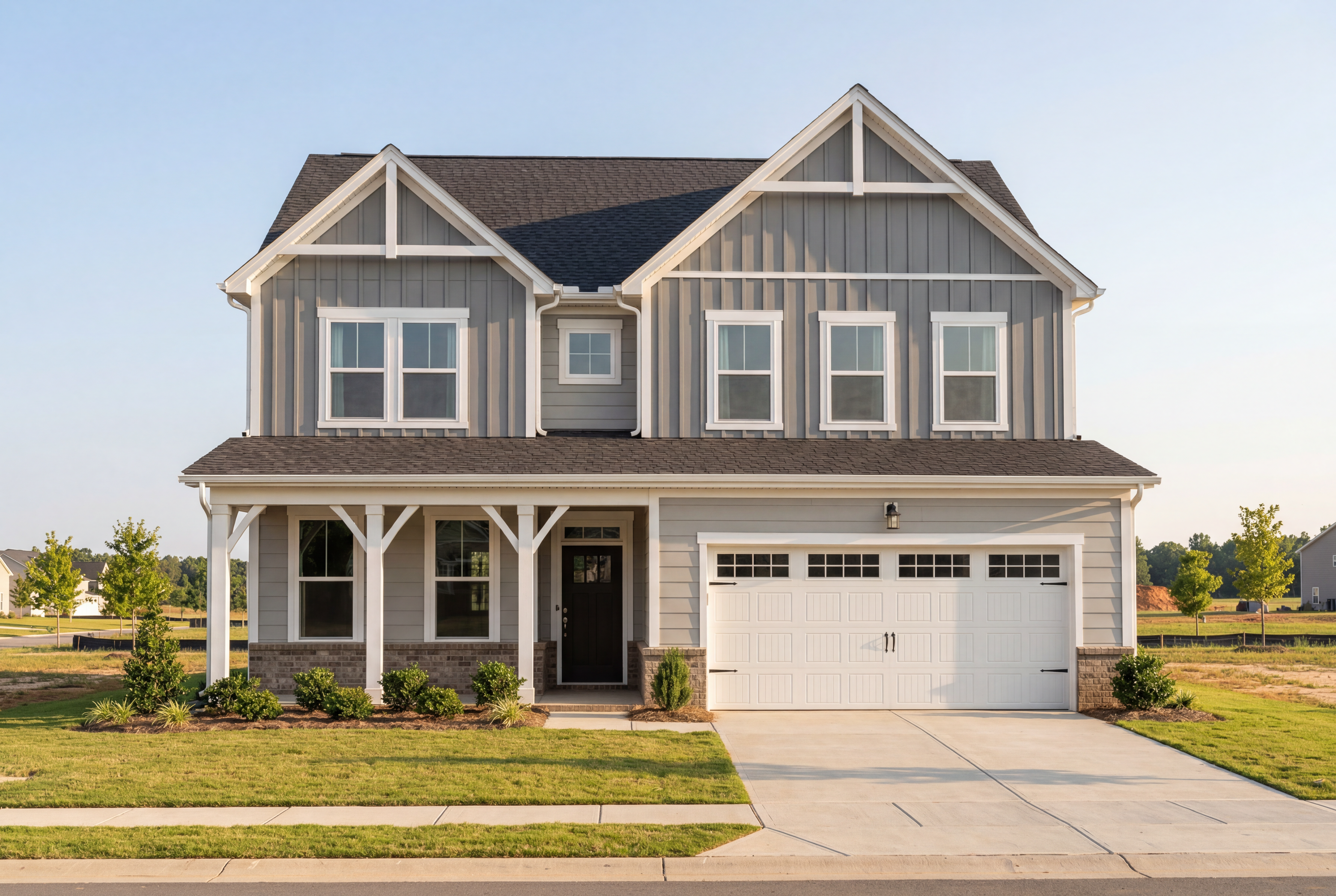 Modern two-story The Willow B elevation by Davidson Homes: gray board and batten siding, covered porch, two-car garage, lush lawn in Wendell NC