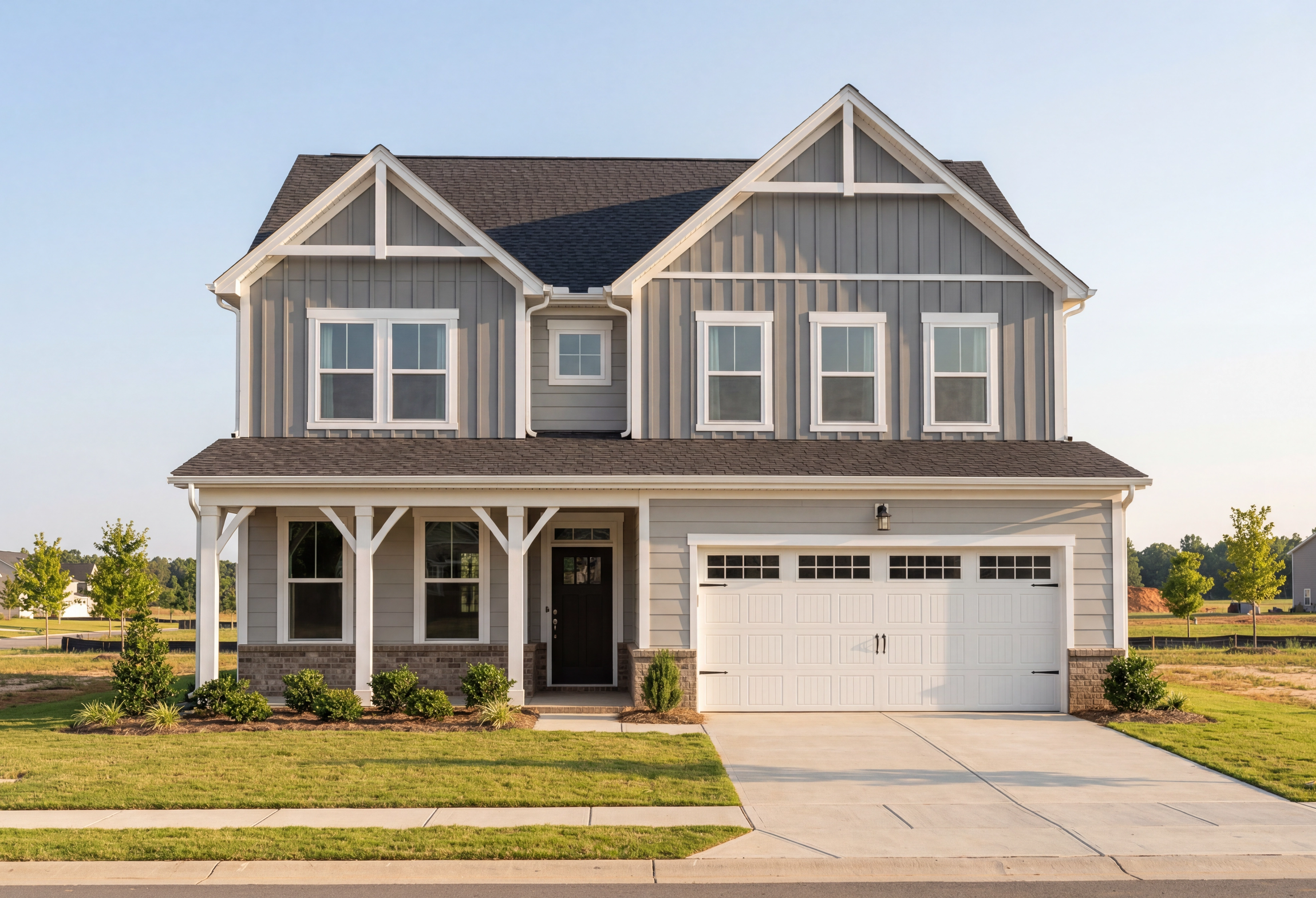Modern two-story The Willow B elevation by Davidson Homes: gray board and batten siding, covered porch, two-car garage, lush lawn in Wendell NC