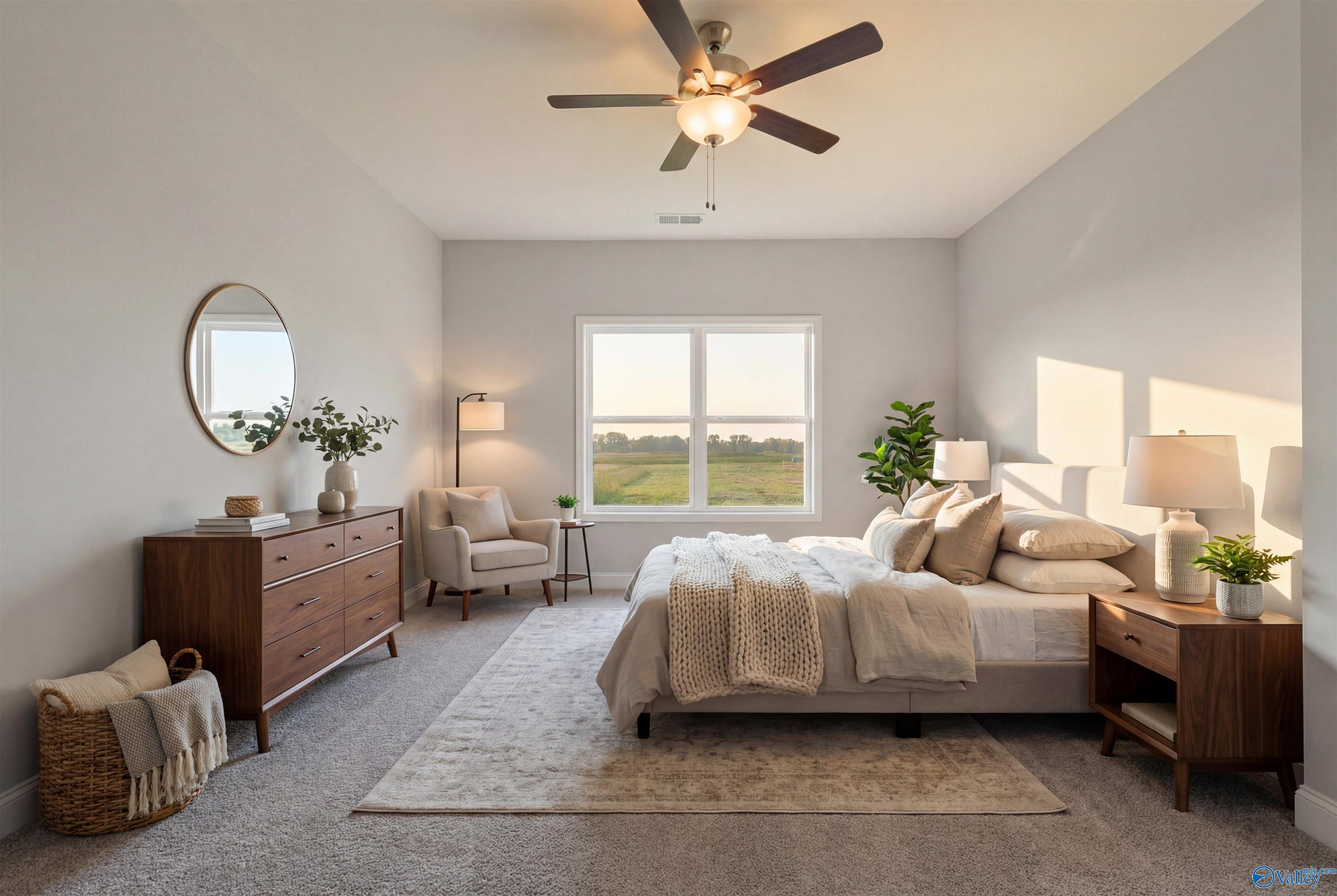 Elegant master bedroom with king bed, wooden dresser, ceiling fan, large window overlooking fields in Davidson Homes The Everett, Hazel Green, Alabama