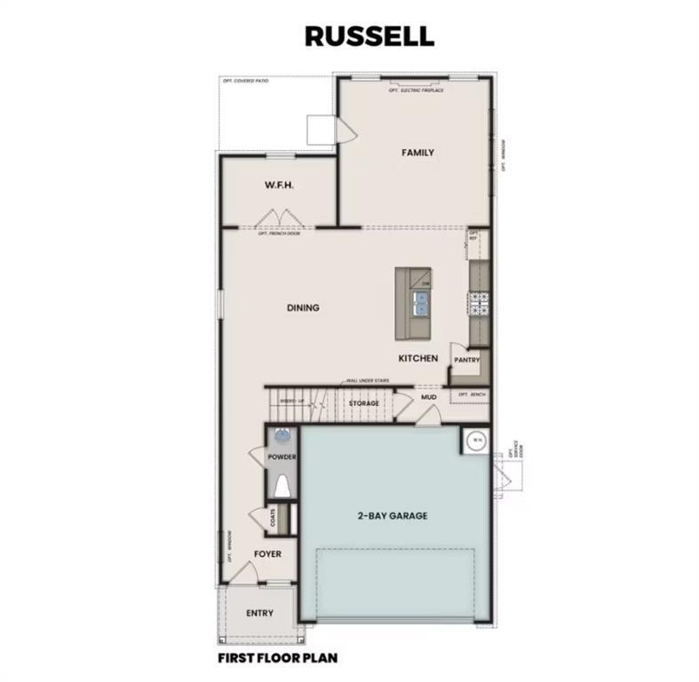First floor plan of The Russell A by Davidson Homes in Cedar Farms, Winder, featuring an open kitchen, W.F.H., and garage.
