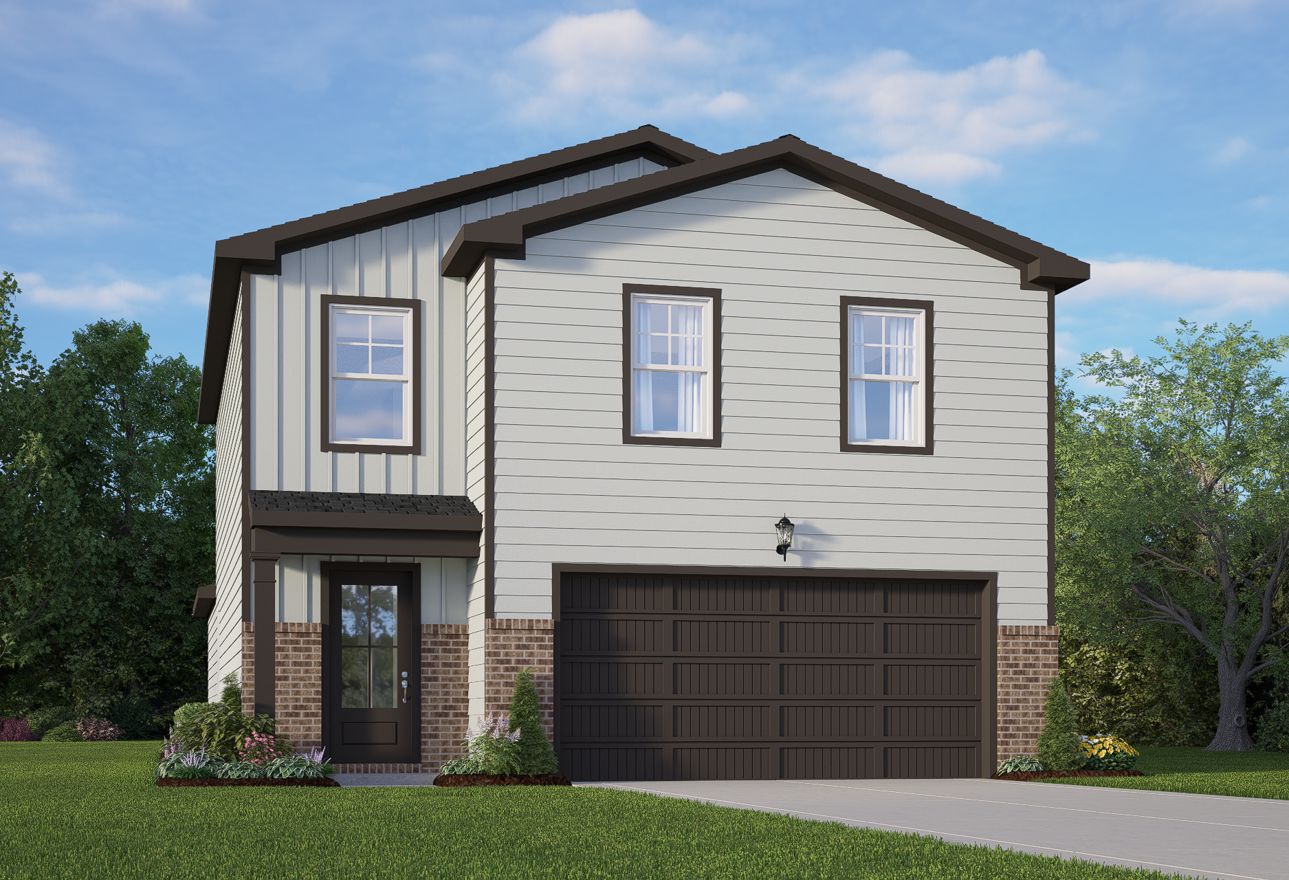 Modern two-story The Brazos B home elevation with gray siding, brick base, covered porch, 2-car garage, and lush landscaping in San Antonio