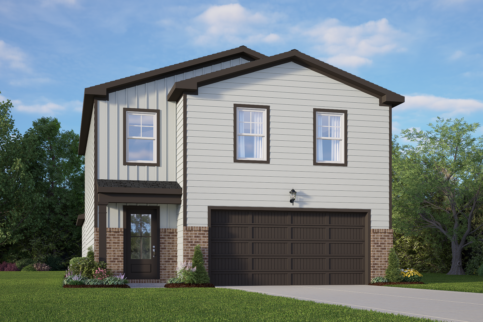 Modern two-story The Brazos B home elevation with gray siding, brick base, covered porch, 2-car garage, and lush landscaping in San Antonio