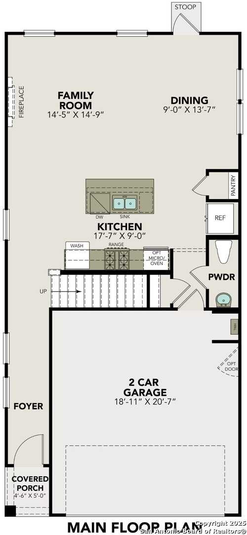 Main floor plan of The Charlotte B by Davidson Homes: open kitchen, family room, dining, 2-car garage in Cedar Heights, San Antonio, TX
