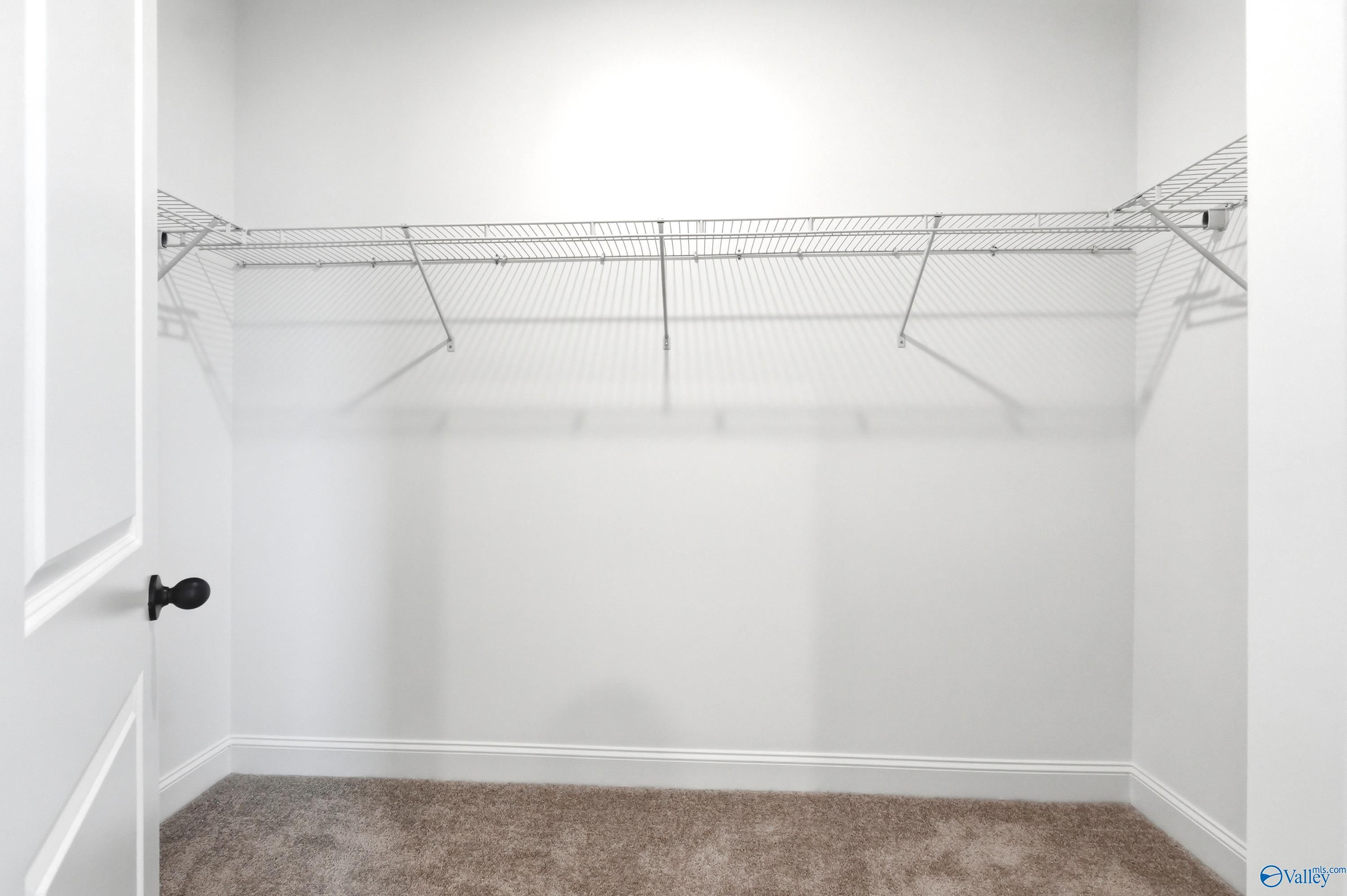 Spacious walk-in closet with wire shelving in The Daphne D floor plan by Davidson Homes in Creekside, Harvest, Alabama.