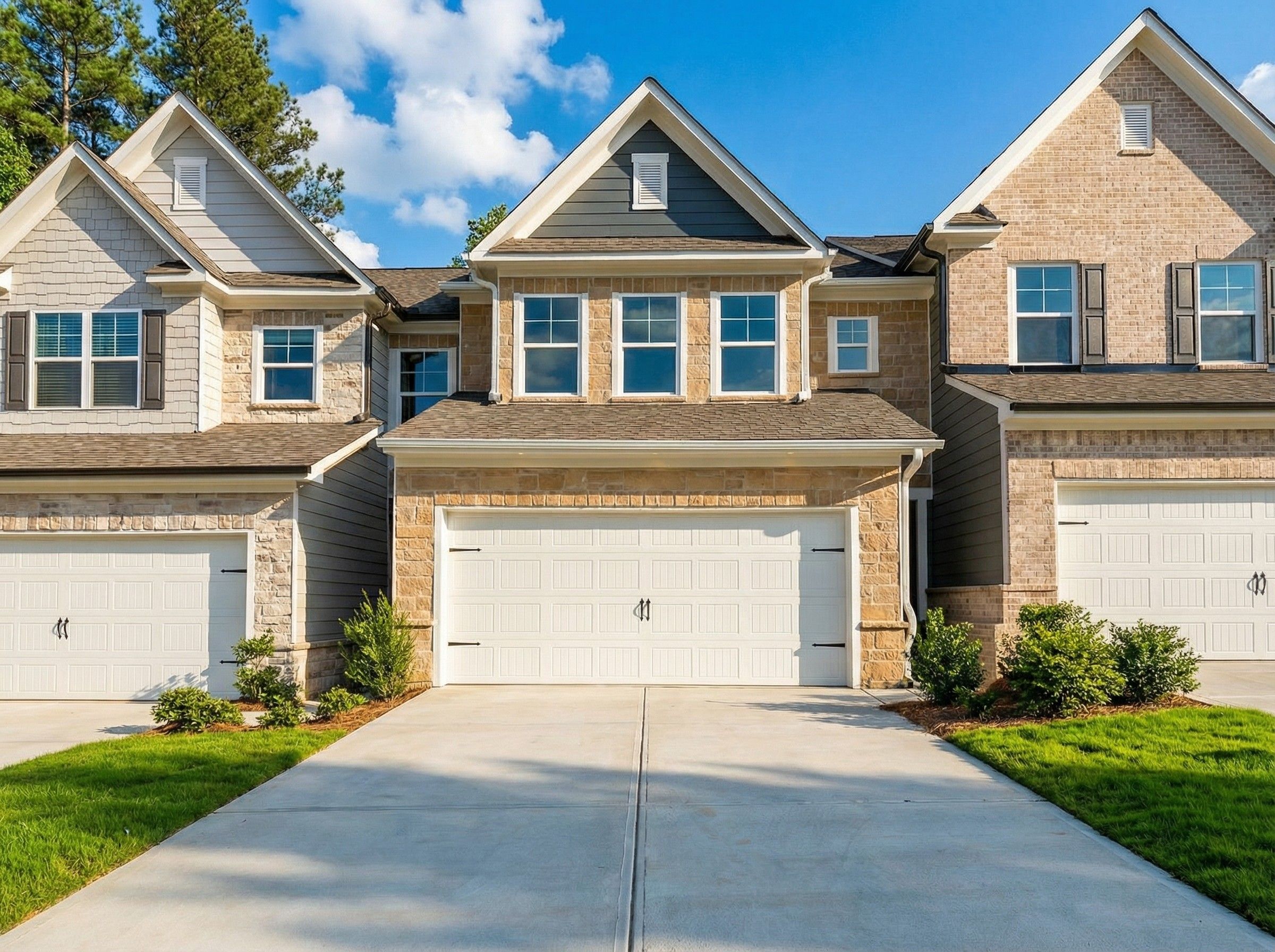 Row of modern 2-story townhomes with 2-car garages and brick facades in Lake Shore, Winder, Georgia by Davidson Homes