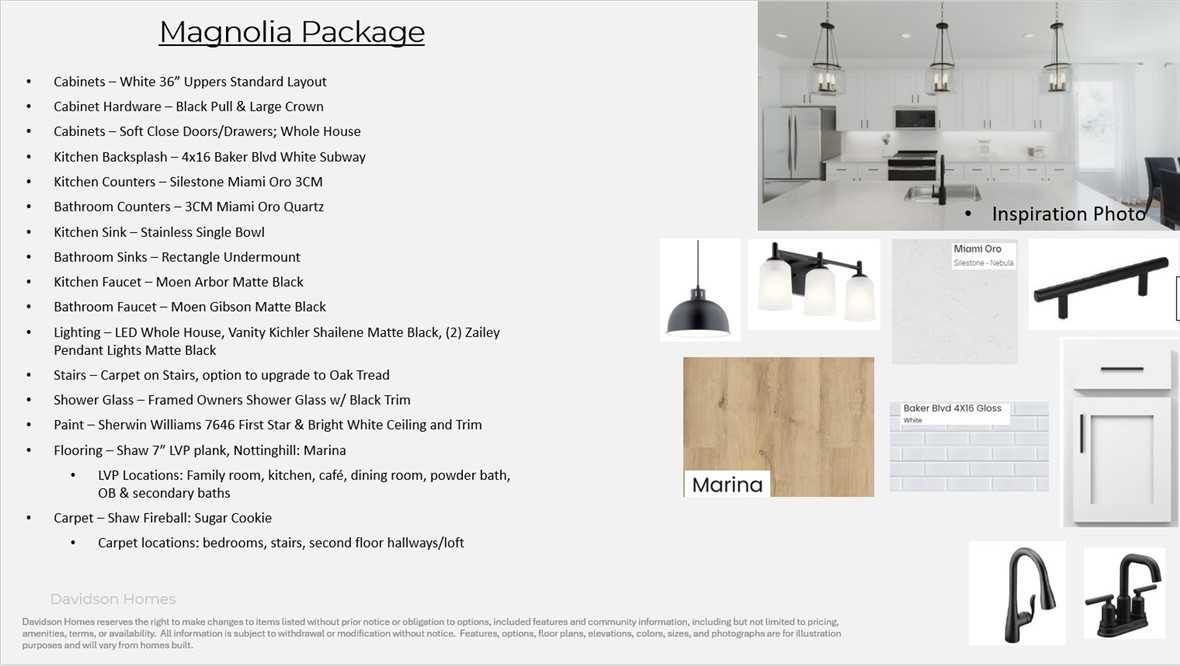 Magnolia Package design board with white shaker cabinets, quartz counters, black hardware in Davidson Homes Phoenix B, Opelika, Alabama