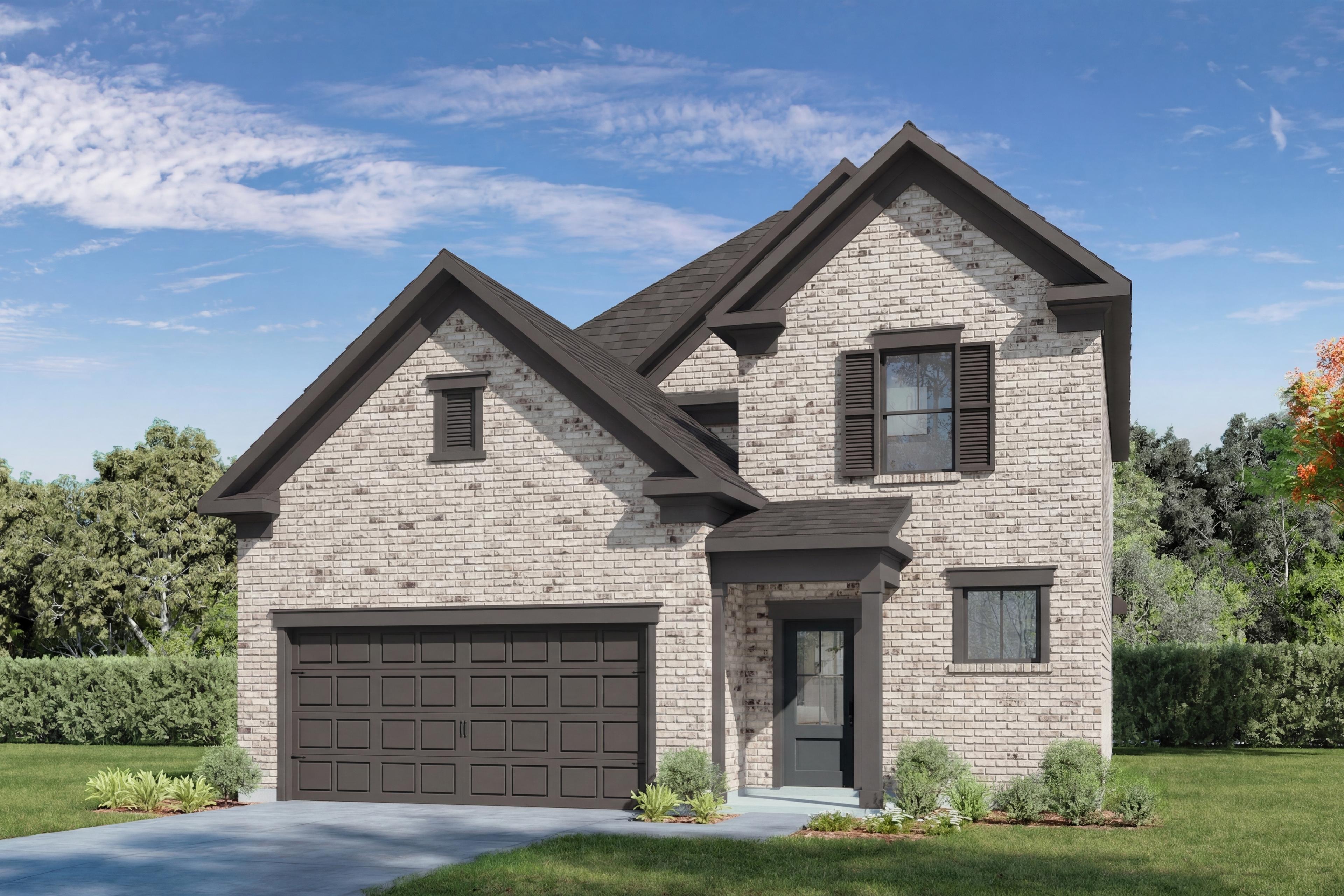 Two-story Verano B home elevation with white brick facade, dark gabled roof, two-car garage, and landscaped front yard in Katy Texas