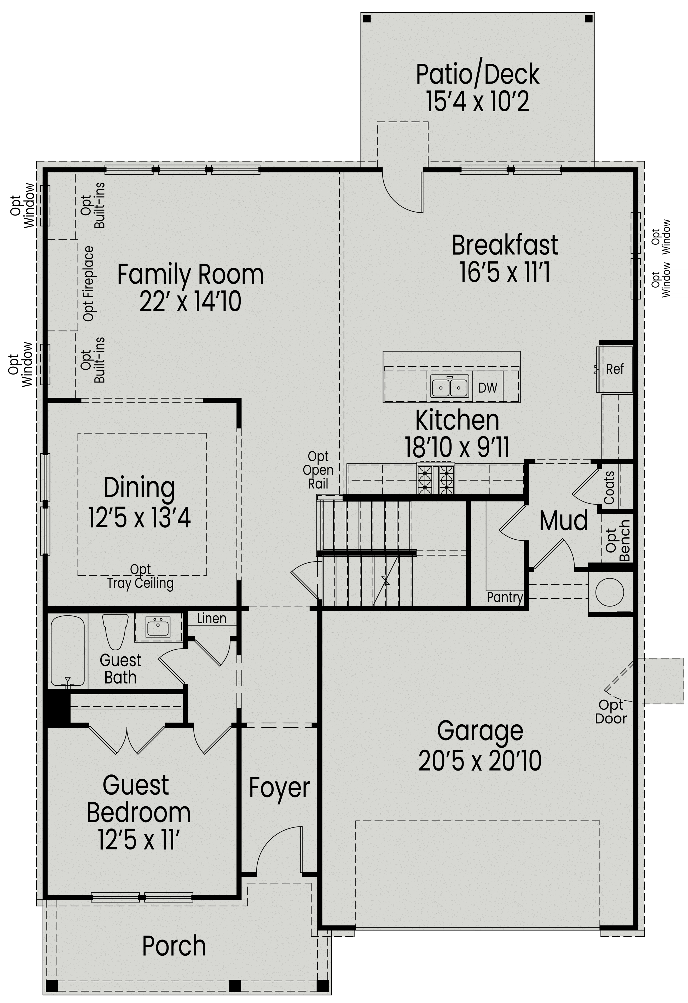 First floor plan of The Beech by Davidson Homes featuring open kitchen, family room, dining, two-car garage, and covered porch