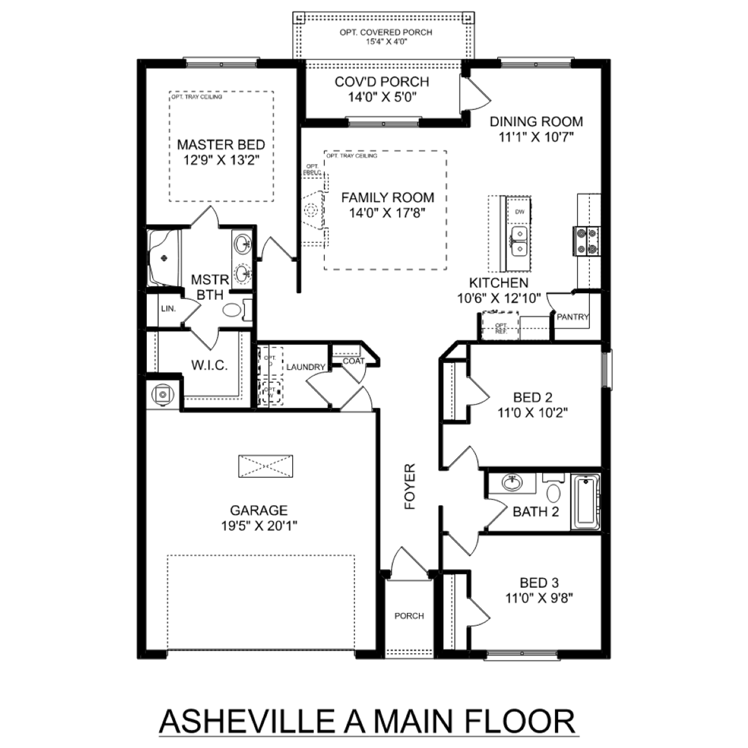 The Asheville 3-bedroom, 2-bath floor plan: 1,484 sq ft 1-story home with master suite, open kitchen, family room, dining, and 2-car garage
