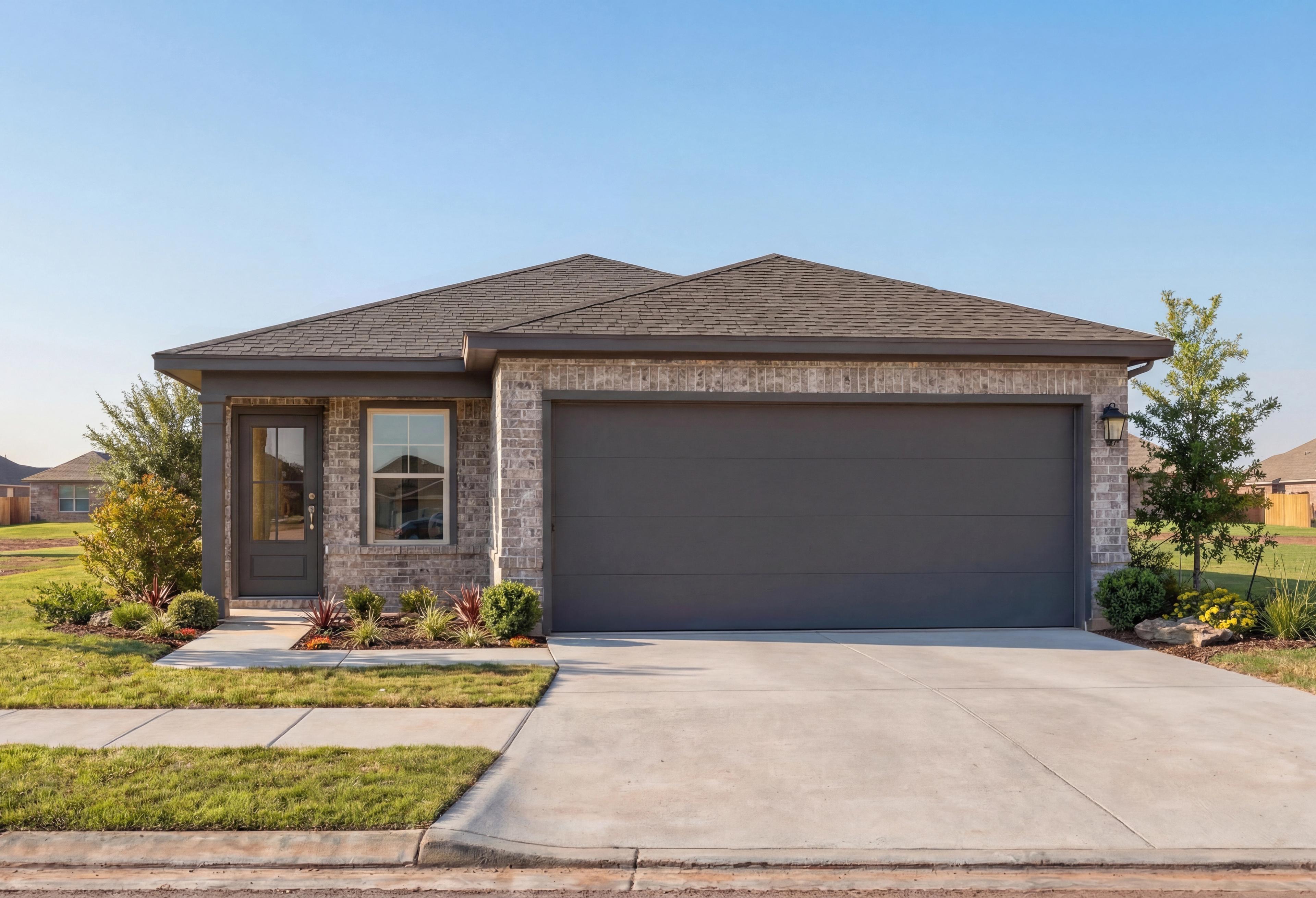 Front elevation of The Colorado F single-story home with brick accents, gray garage, and landscaped yard in Magnolia, Texas