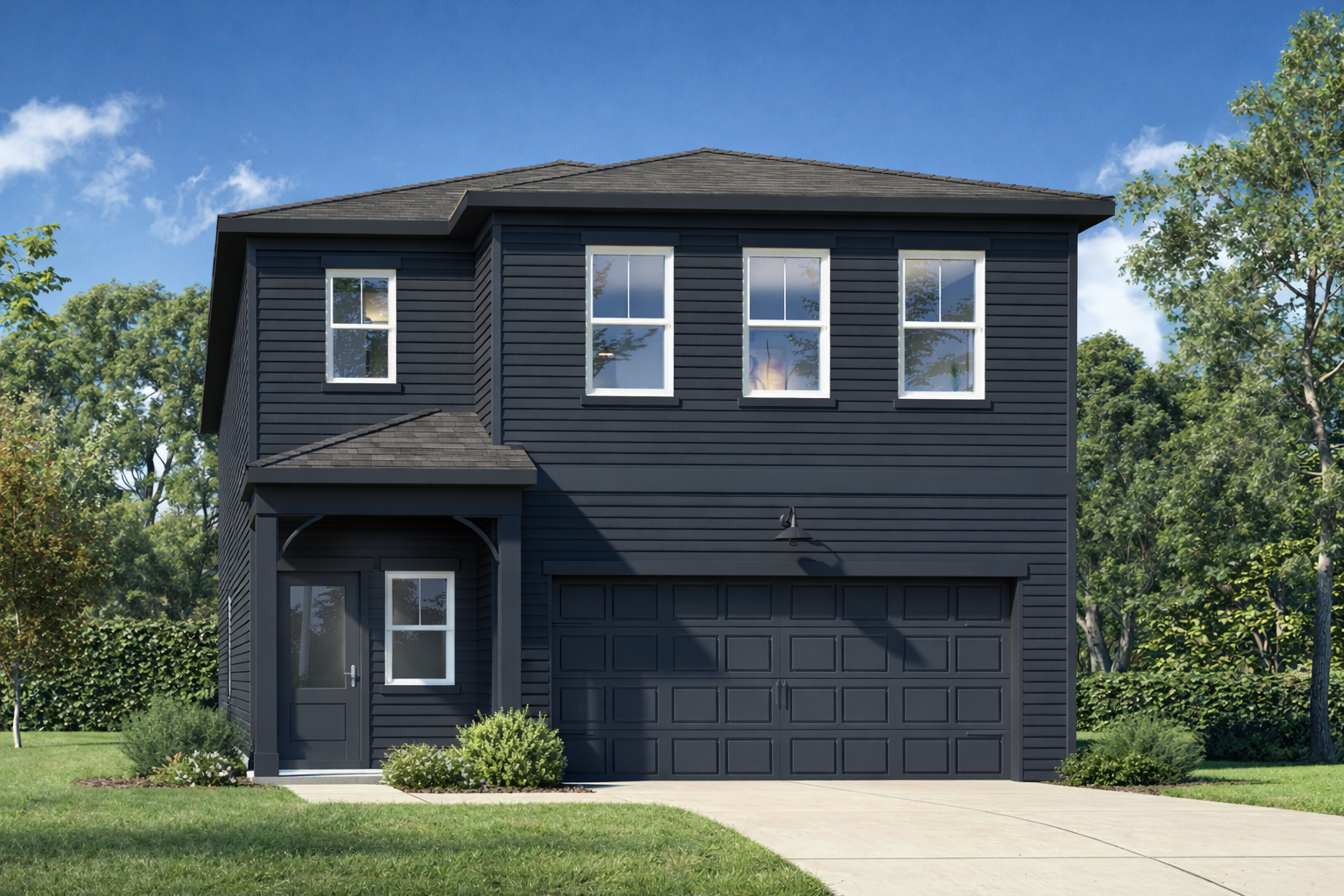 Modern two-story Sinclair A home elevation with dark siding, covered porch, two-car garage, and lush landscaping in Winder, GA