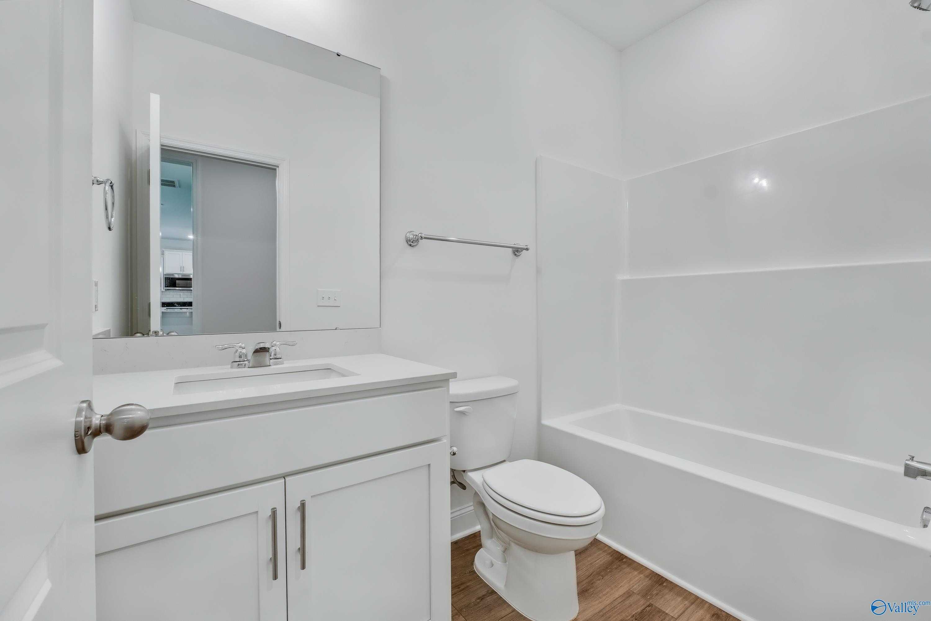 Bright white bathroom with bathtub, vanity sink, mirror, and toilet in The Shelby A 4-bedroom home, Arab, Alabama