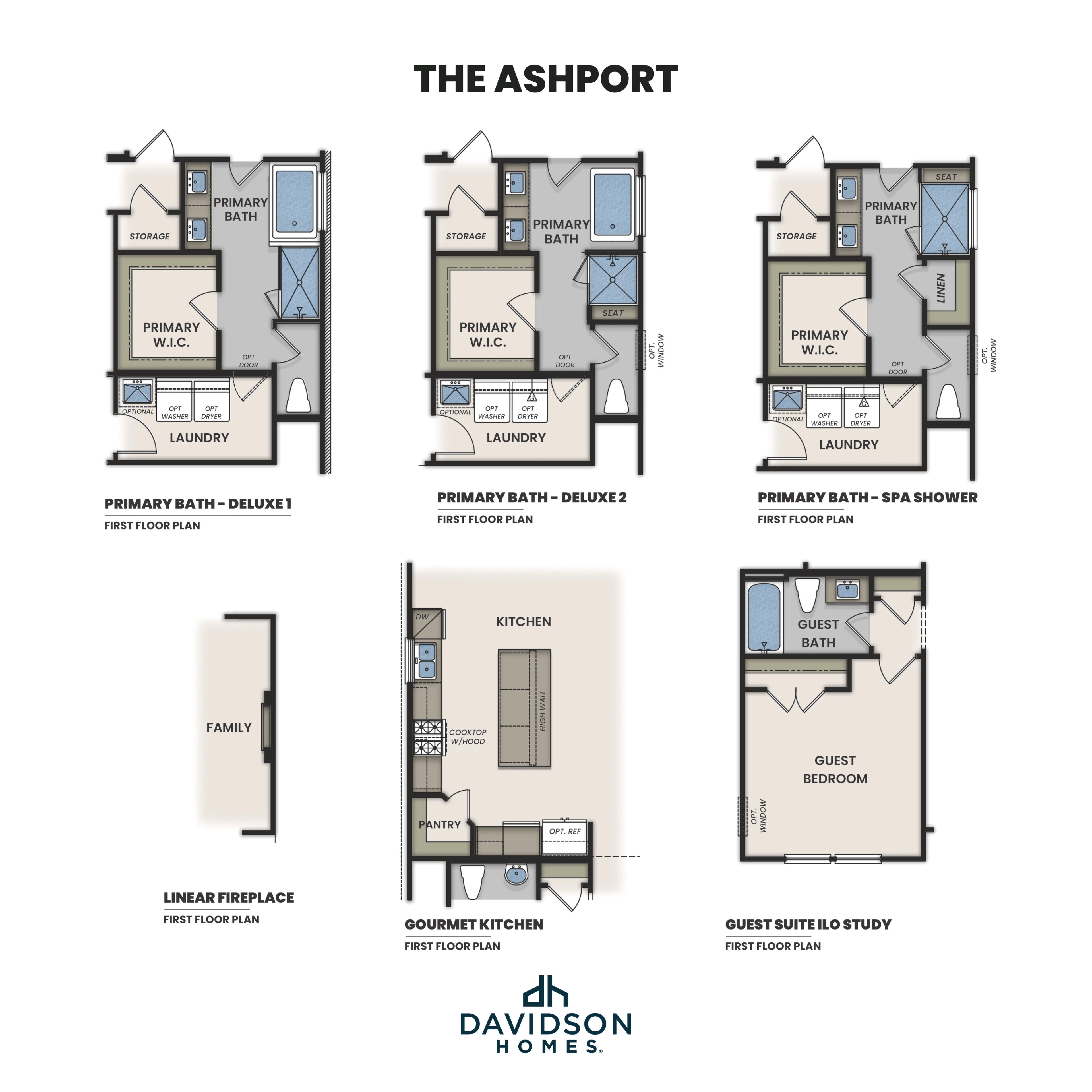 First floor plans of The Ashport by Davidson Homes: deluxe primary bath, gourmet kitchen, linear fireplace in San Antonio