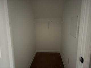 Spacious walk-in closet with white walls, wooden flooring, and hanging rod in The Rabun C by Davidson Homes, Winder, GA