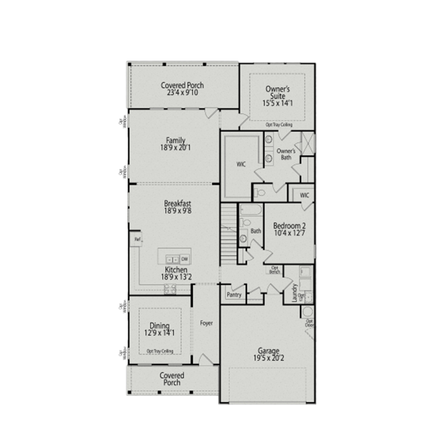 Birch II C first floor plan by Davidson Homes: master suite, open kitchen, dining, family room, breakfast nook, 2-car garage