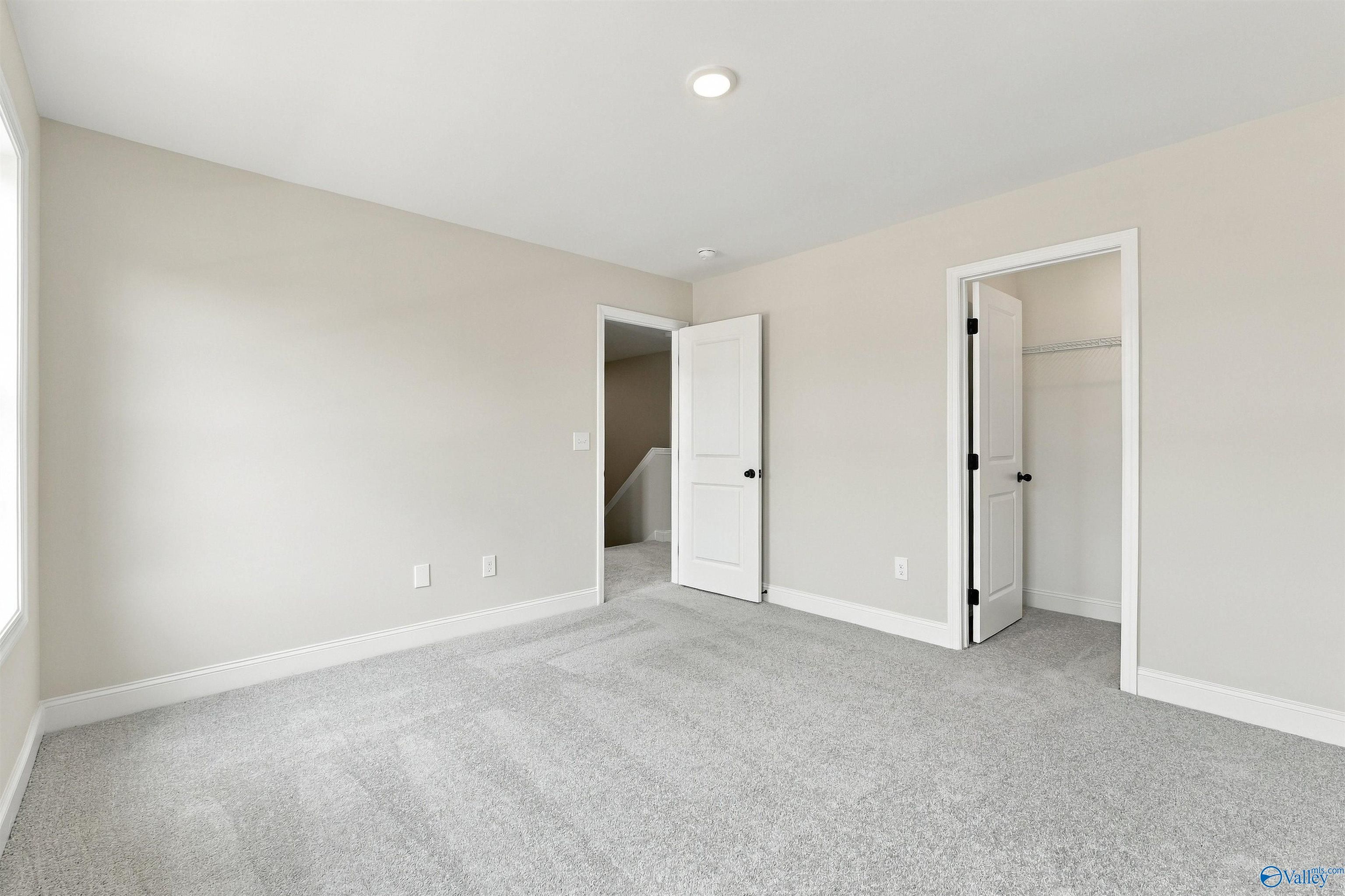 Bright carpeted bedroom with walk-in closet and natural light in Davidson Homes' The Shelby A, The Meadows, Athens, Alabama
