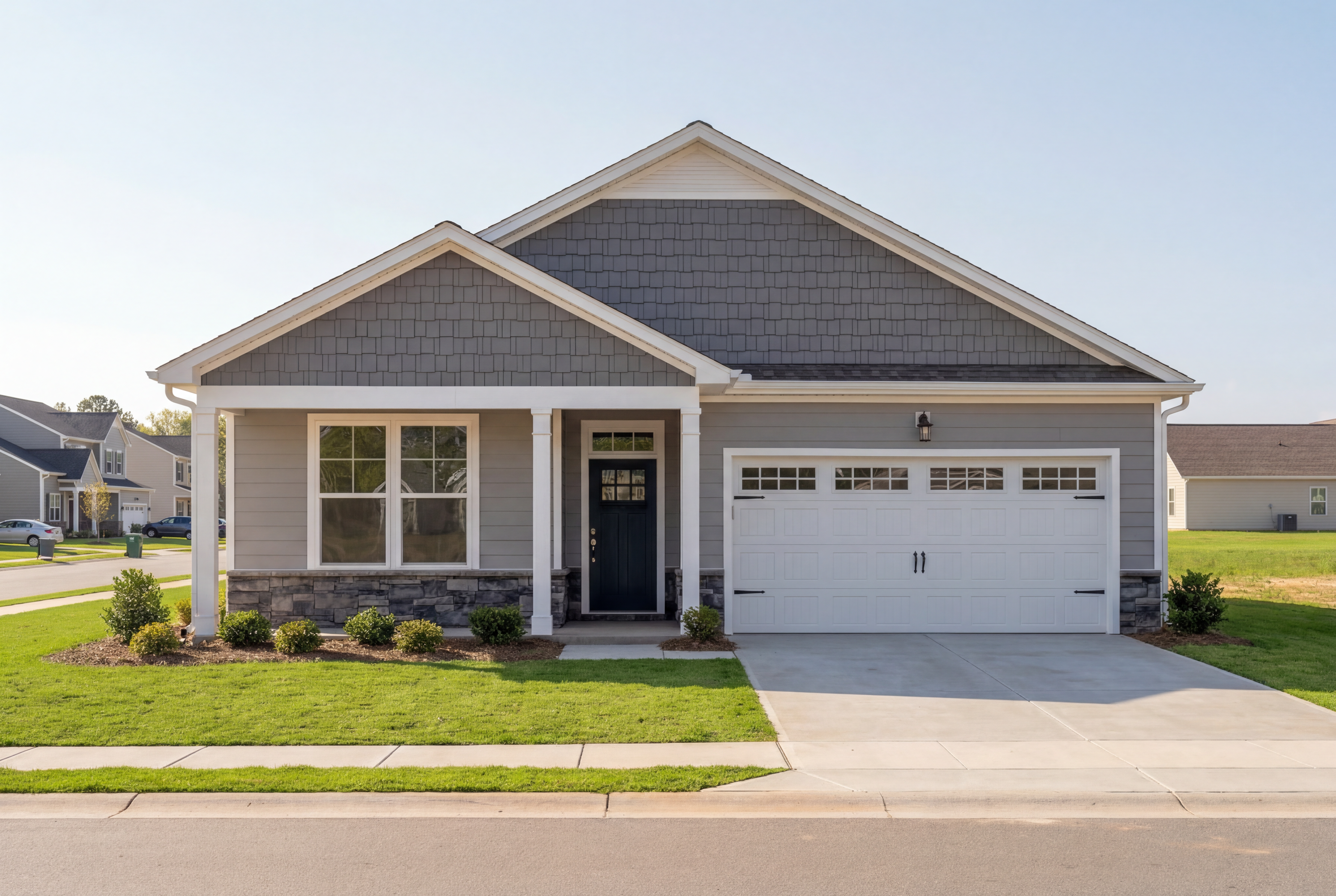 Modern Franklin D single-story home front elevation with gray shakes, stone accents, white garage doors, and landscaped yard in Lillington NC