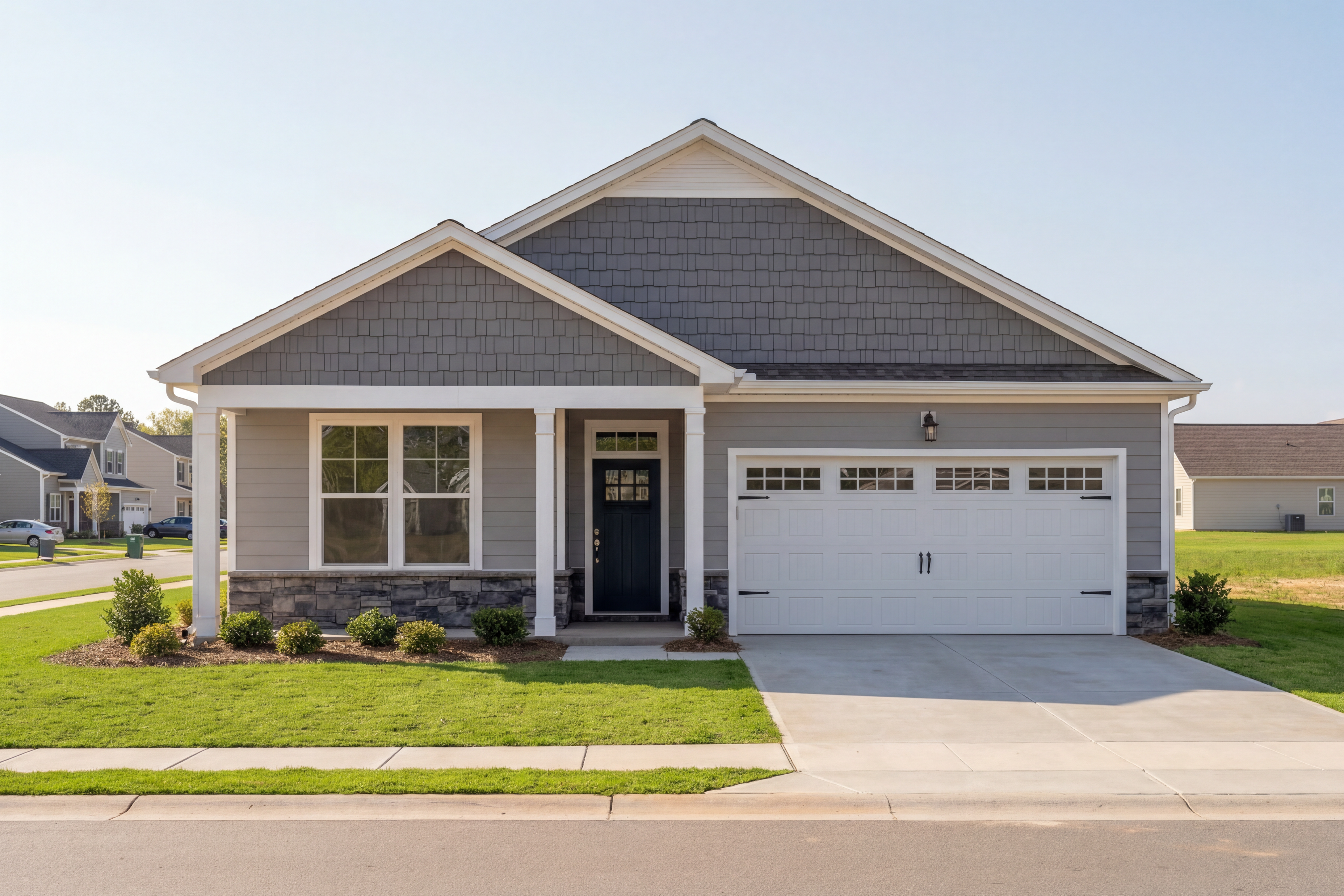 Modern Franklin D single-story home front elevation with gray shakes, stone accents, white garage doors, and landscaped yard in Lillington NC