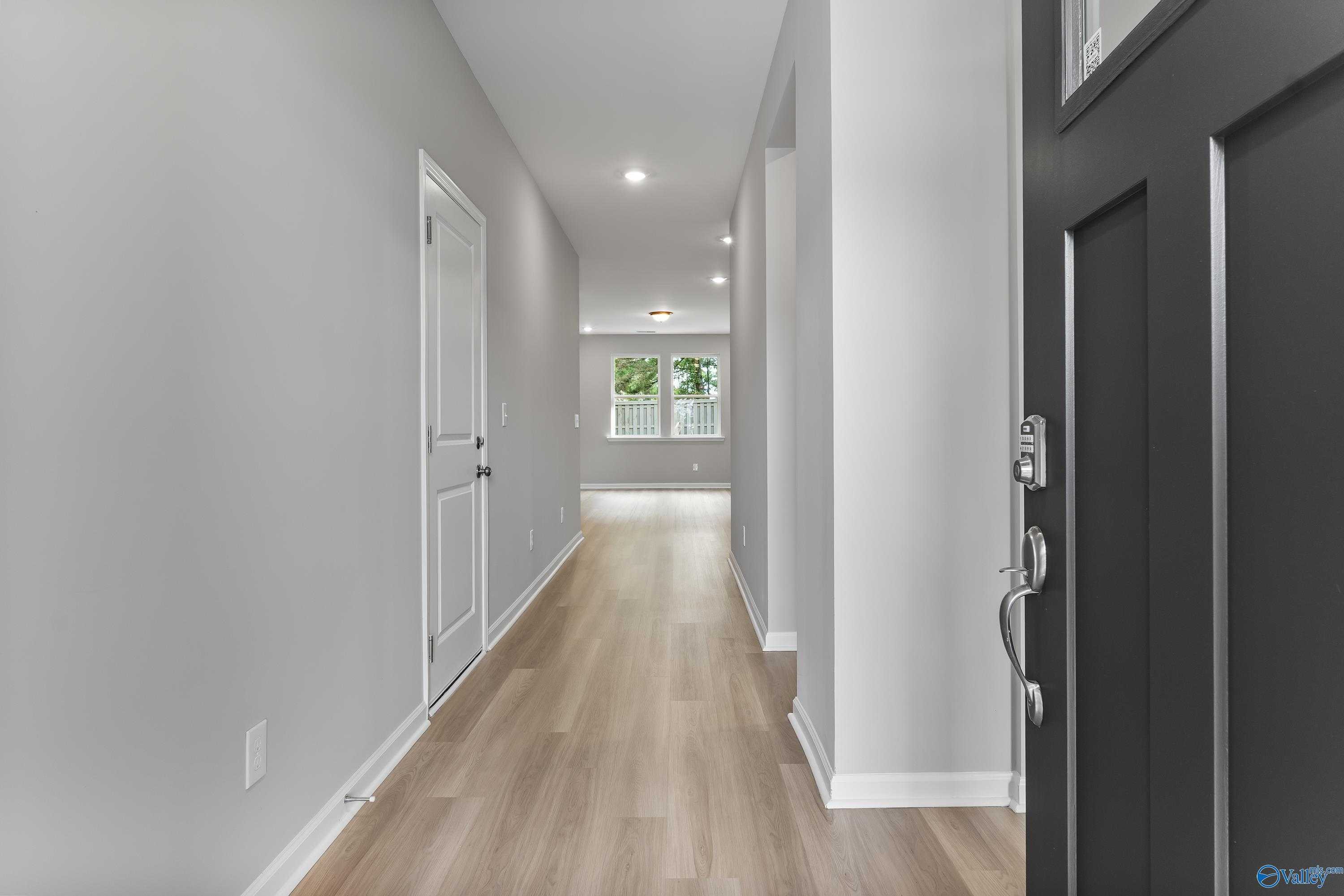 Bright entry hallway with light gray walls, hardwood floors, white doors, and black front door in The Grace home, Madison, Alabama